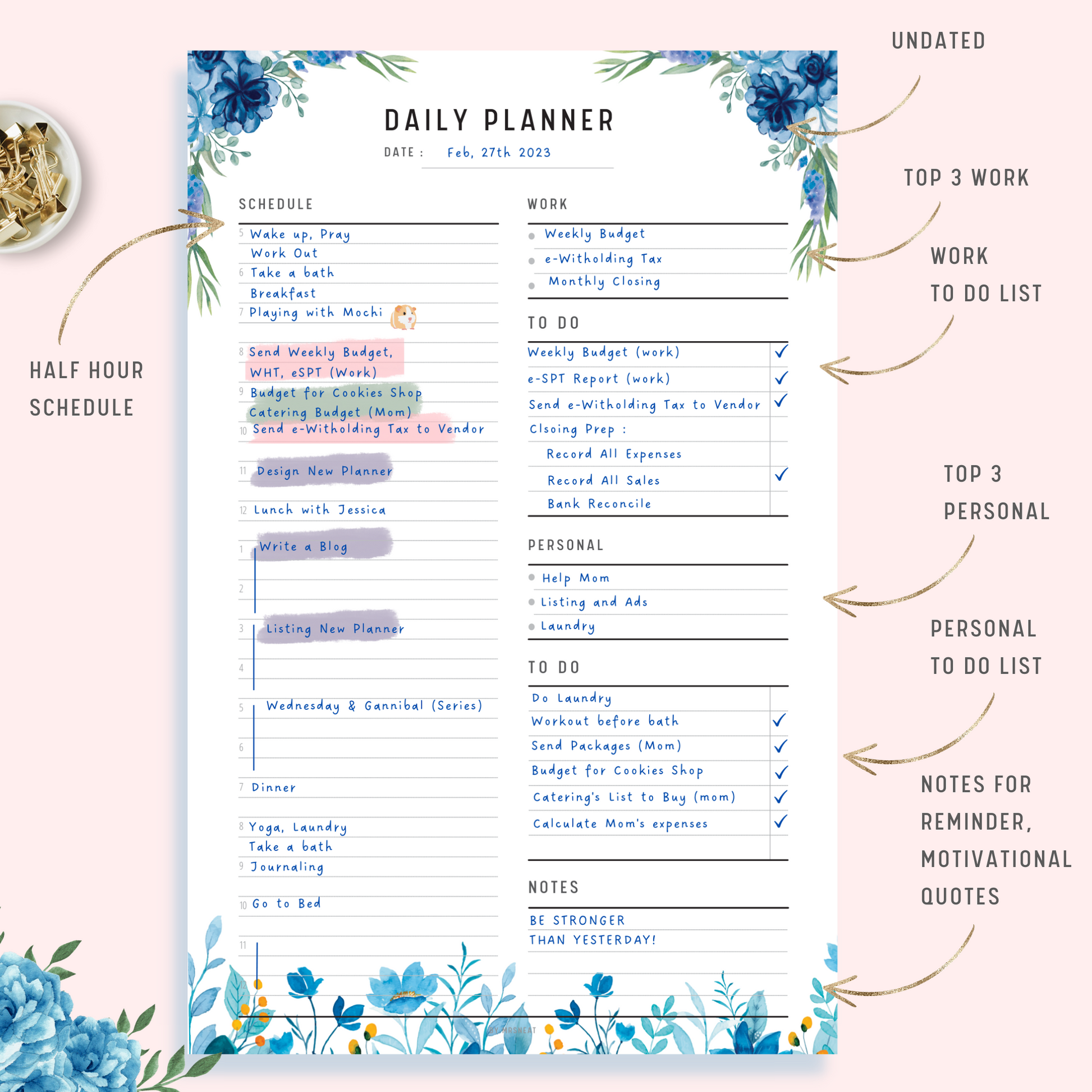 Blue Floral Daily Planner with Half Hour Schedule, Top 3 Priorities for Work and Personal