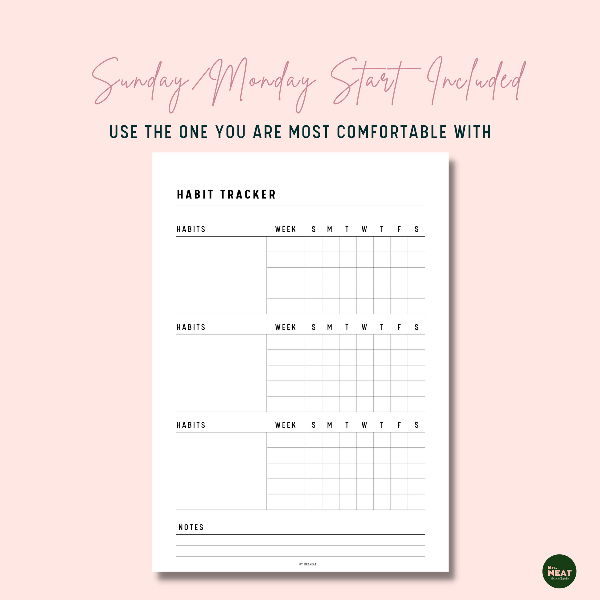 Minimalist and Cute Daily Habit Tracker Planner with Sunday start and Monday start included