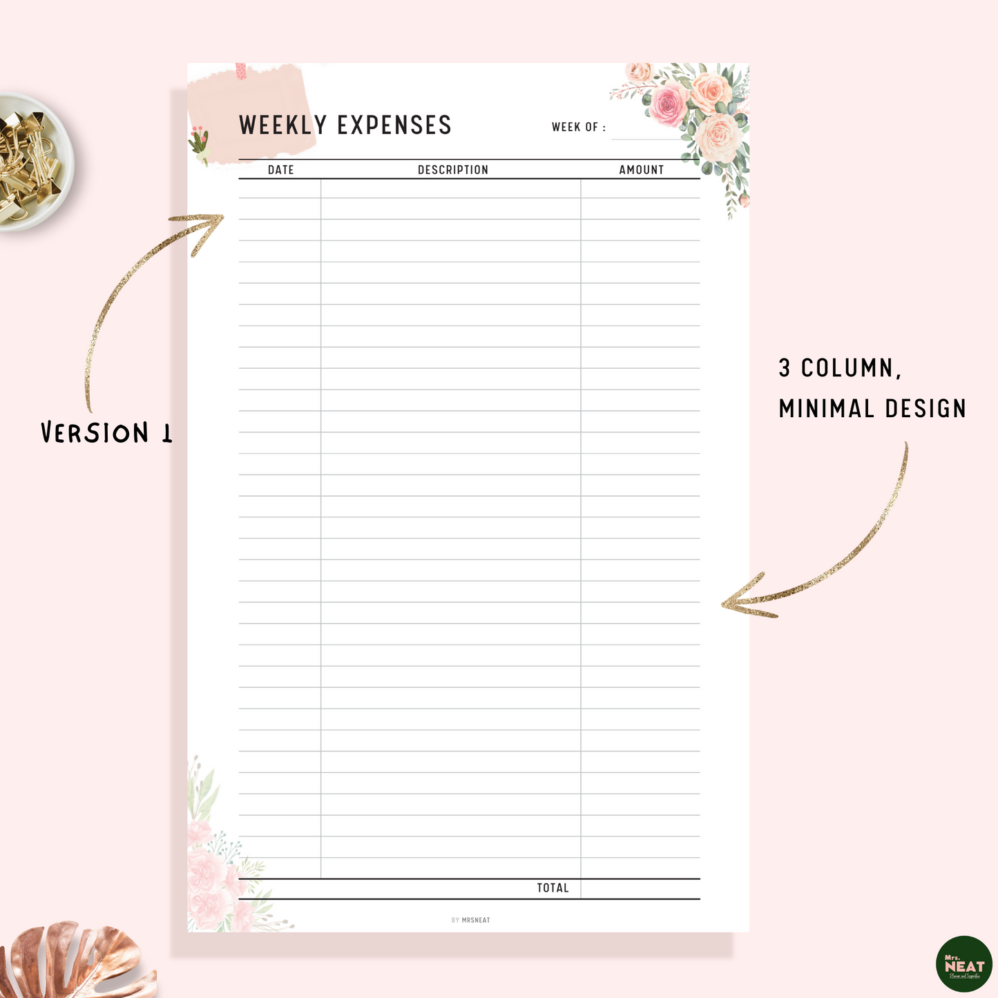 Floral Weekly Expenses Tracker Planner Printable with room for date, amount and desc