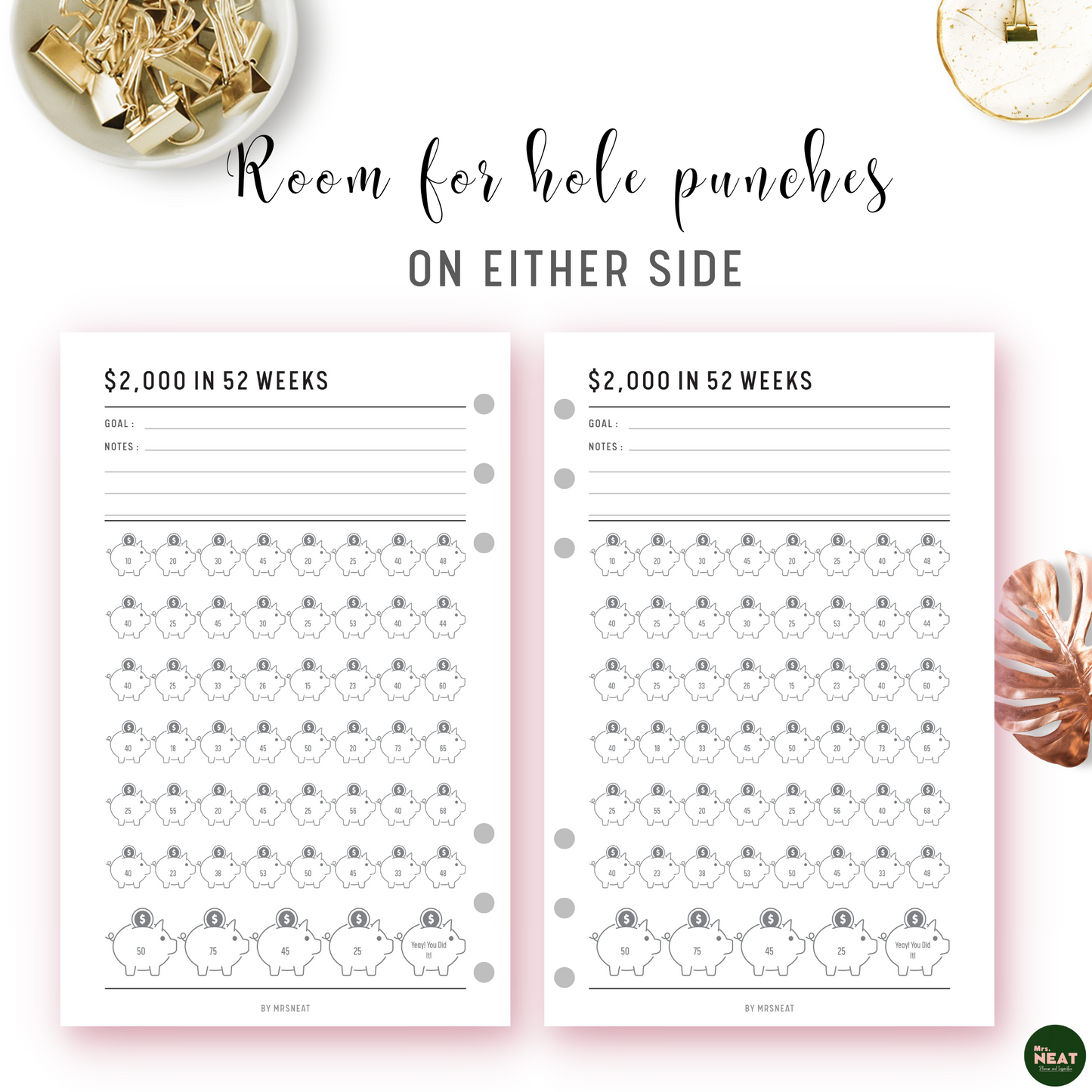 each page of $2,000 Money Saving Challenge Planner come in A4, A5, Letter and Half Letter size