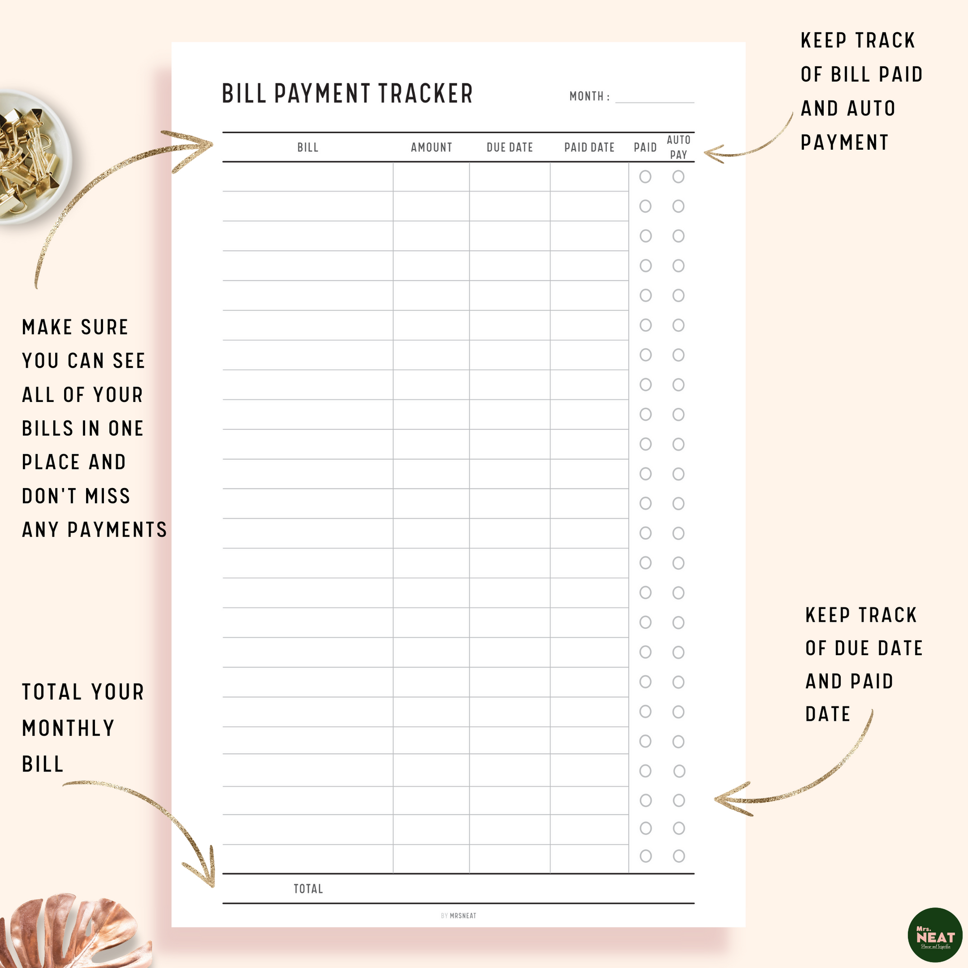 Minimalist Monthly Bill Payment Tracker with room for bills, amount, date and payment options