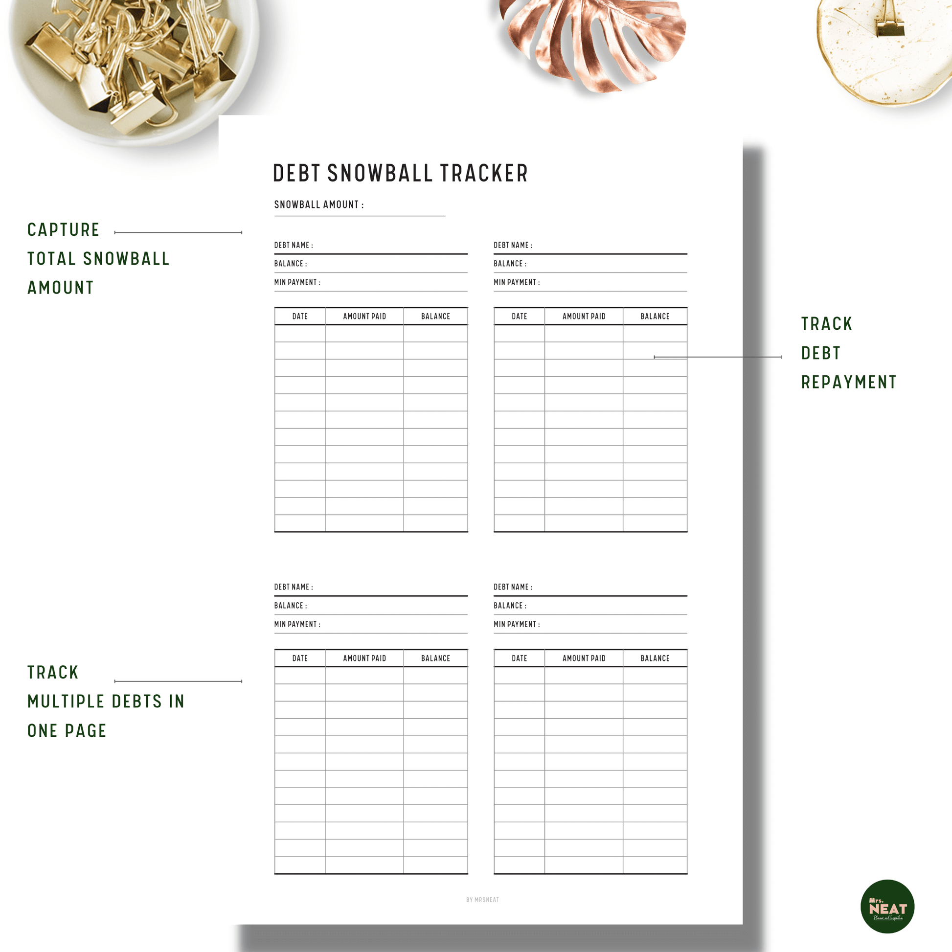 Minimalist Debt Snowball Tracker that capture total snowball amount, track debt repayment, and track multiple debts in one page