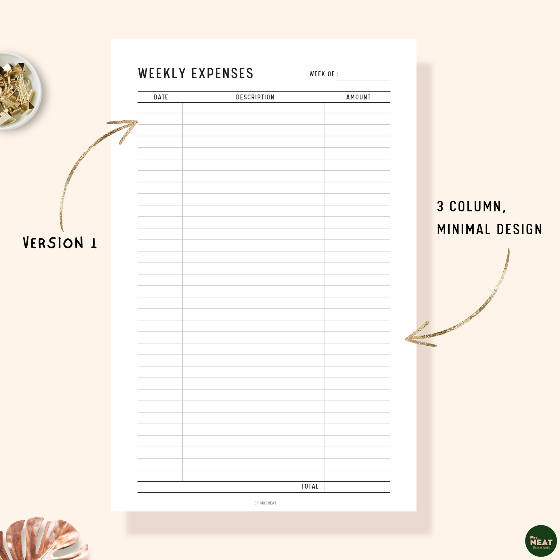 Weekly Expenses Tracker Planner Printable with room for date, amount and description