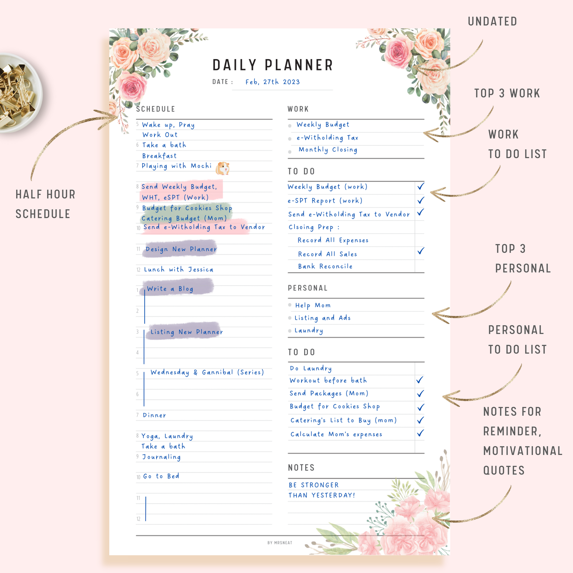 Floral Work from Home Planner Printable with room for half hour schedule, Work and Personal Goals