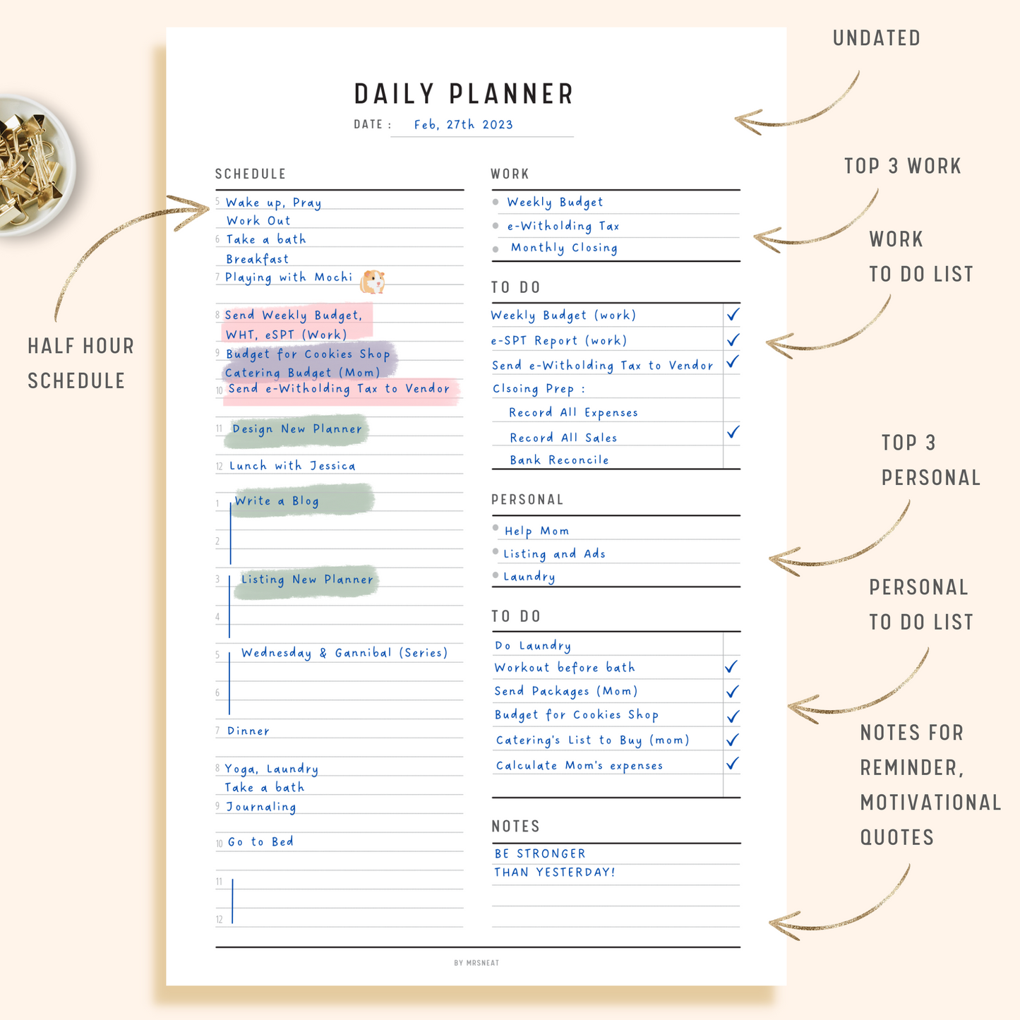 Remote Work Daily Planner Printable with room for Half Hour Schedule, Goal for Work and Personal