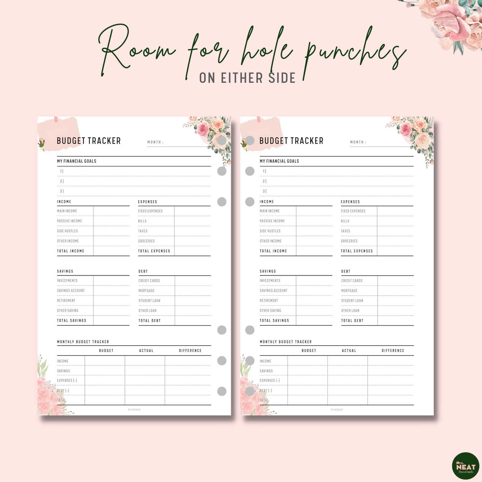 Cute Pink Floral Budget Tracker with room for hole punches on either side 