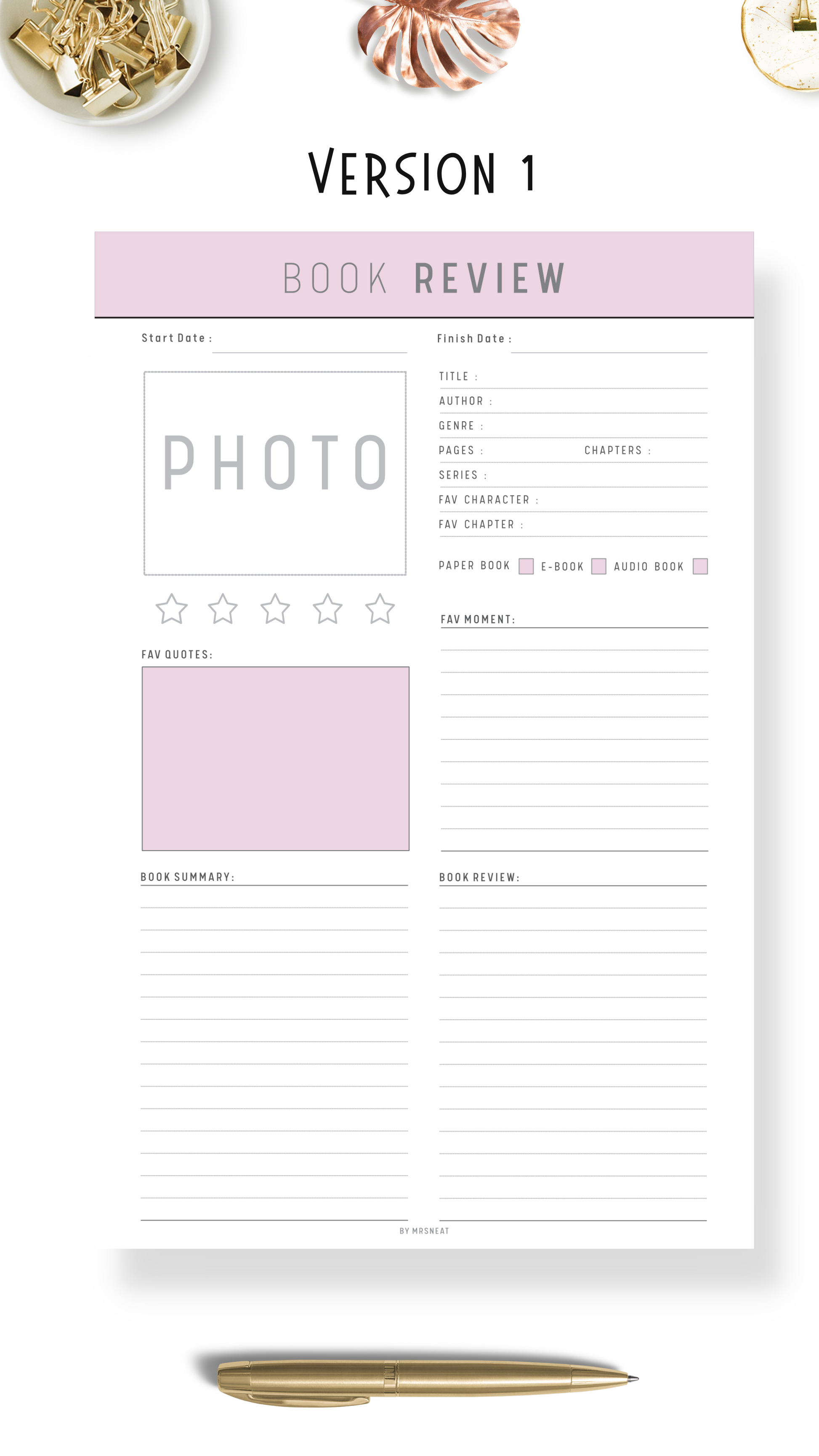 Book Review Planner with room for Photo, Book Title, author, genre, favorite character and quotes in beautiful pink color