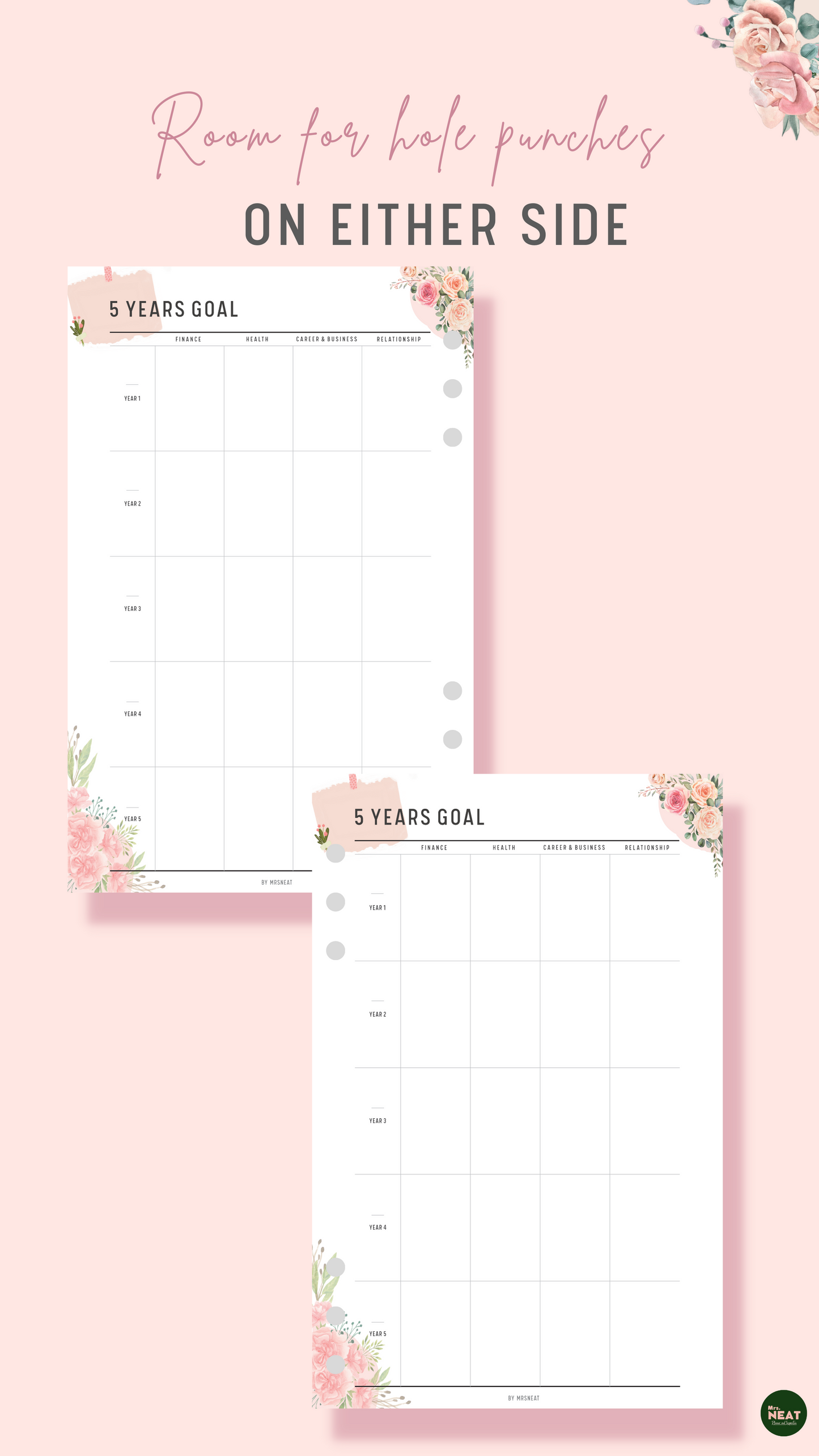 Minimalist Floral 5 Year Goal Planner with room for hole punches on either side