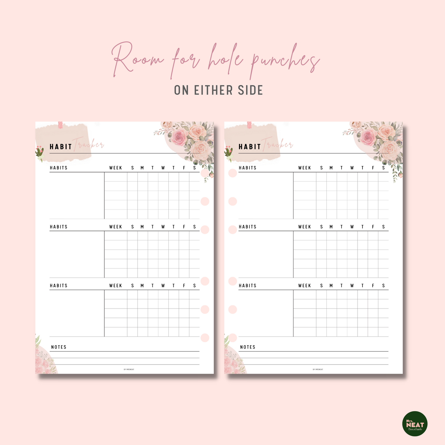 Cute and Minimalist Floral Daily Habit Tracker with room for hole punches on either side