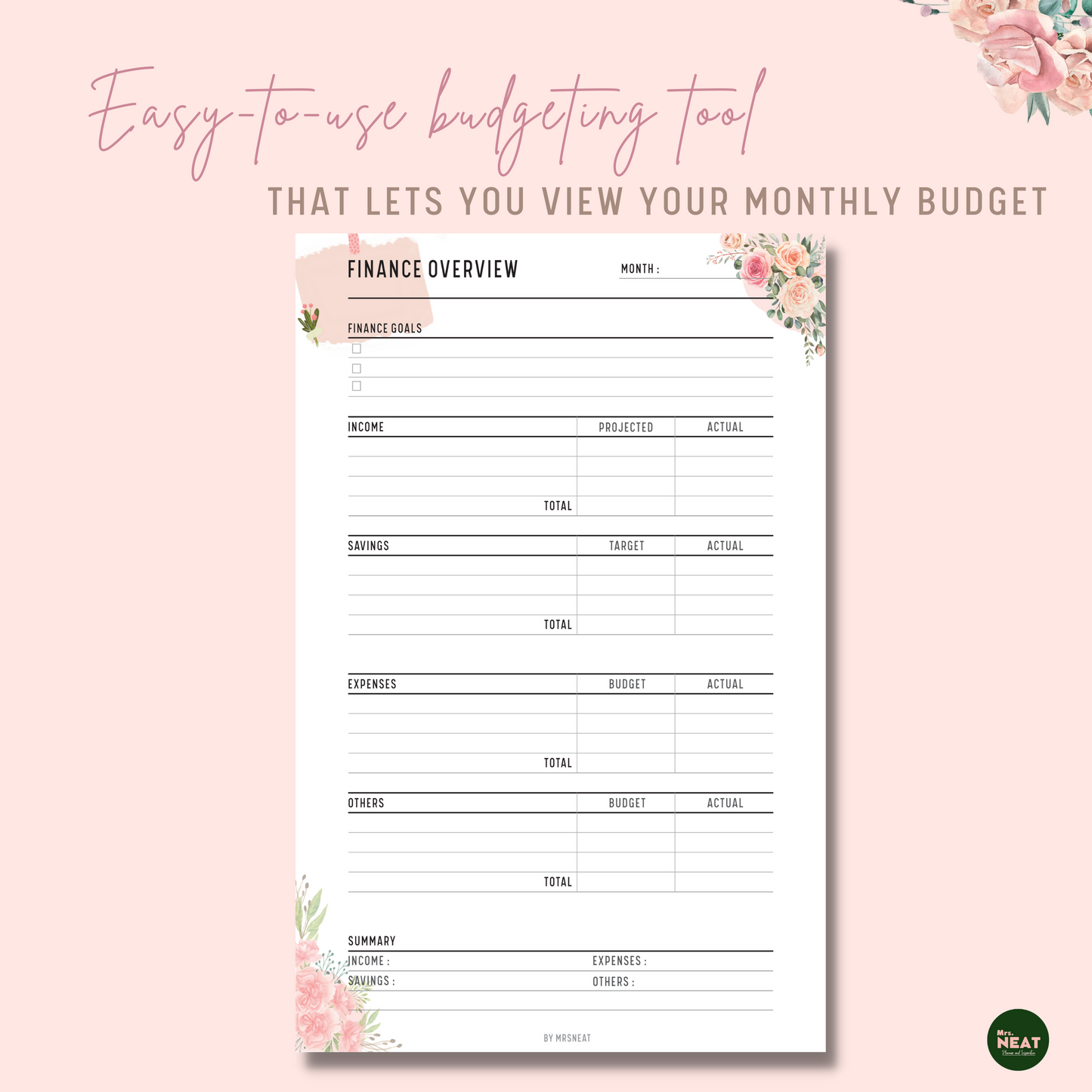 Cute Floral Finance Overview with room for financial goals, Projected and actual income, savings, expense, and summary