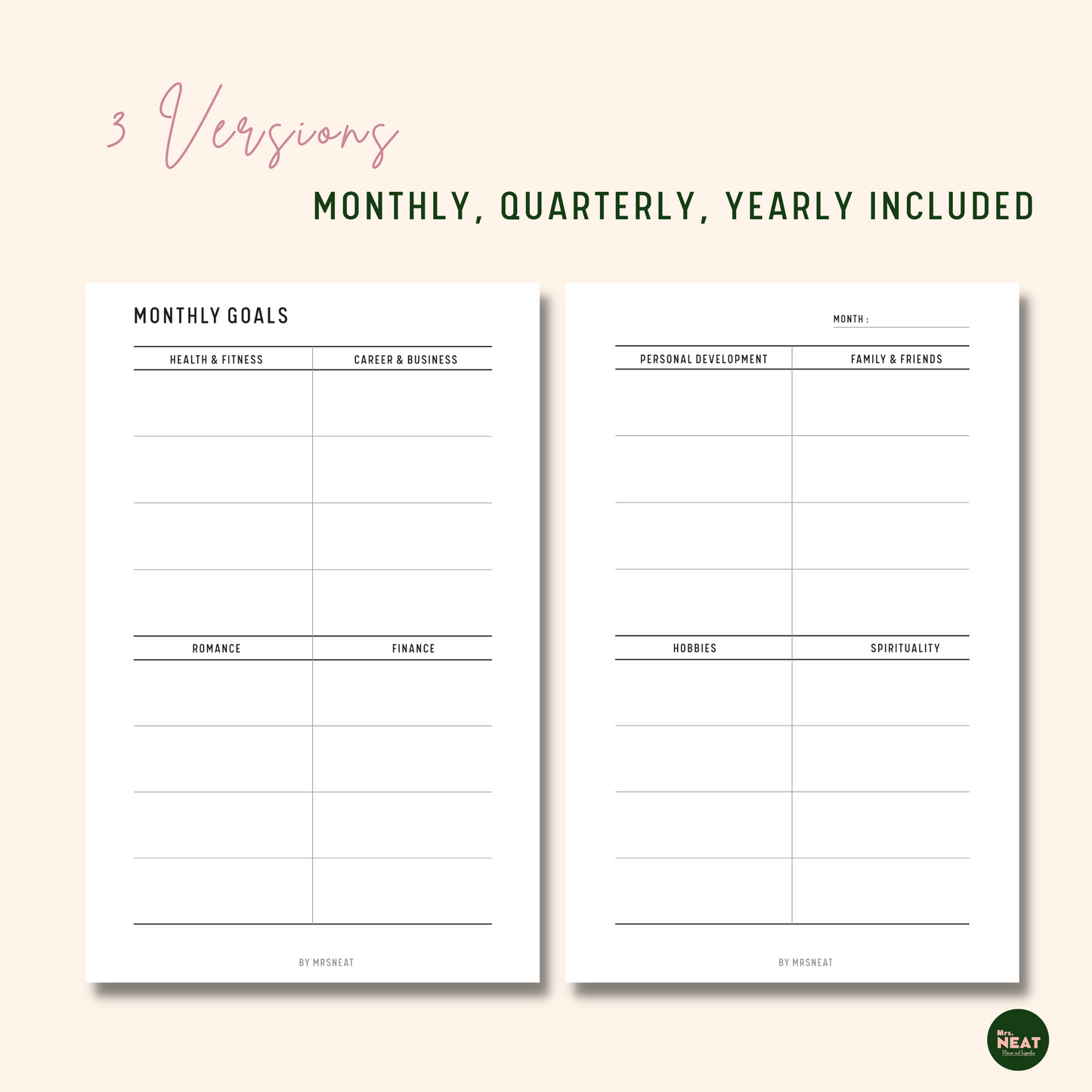 Minimalist 8 Areas of Life Goal Planner Printable for Monthly Goals in 2 pages