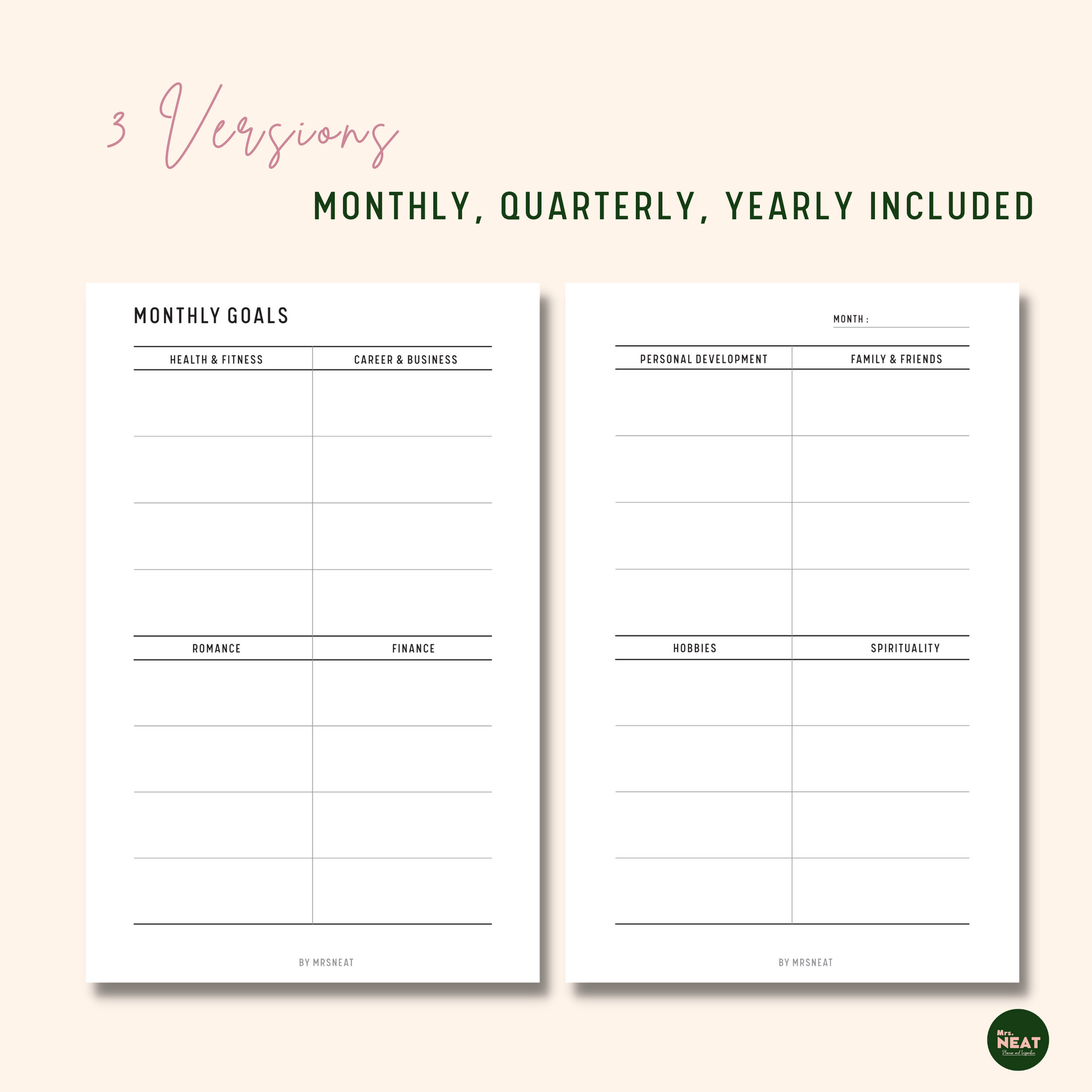 Minimalist 8 Areas of Life Goal Planner Printable for Monthly Goals in 2 pages