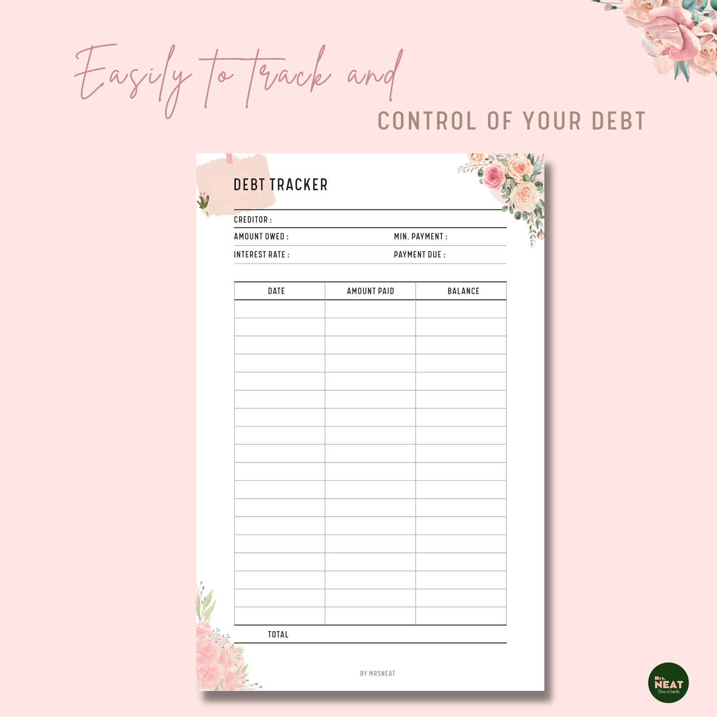 Floral Debt Payment Tracker Planner with room for creditor, amount owed, interest rate, minimal pay and payment due