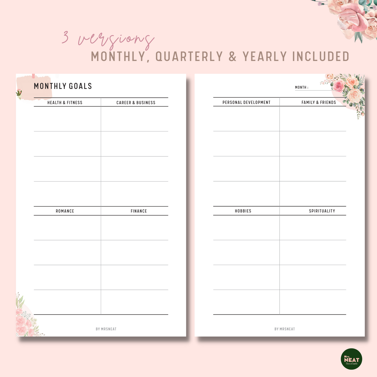 Floral 8 Areas of Life Goal Planner for Monthly Goals with room for Health, Career, Romance and many more