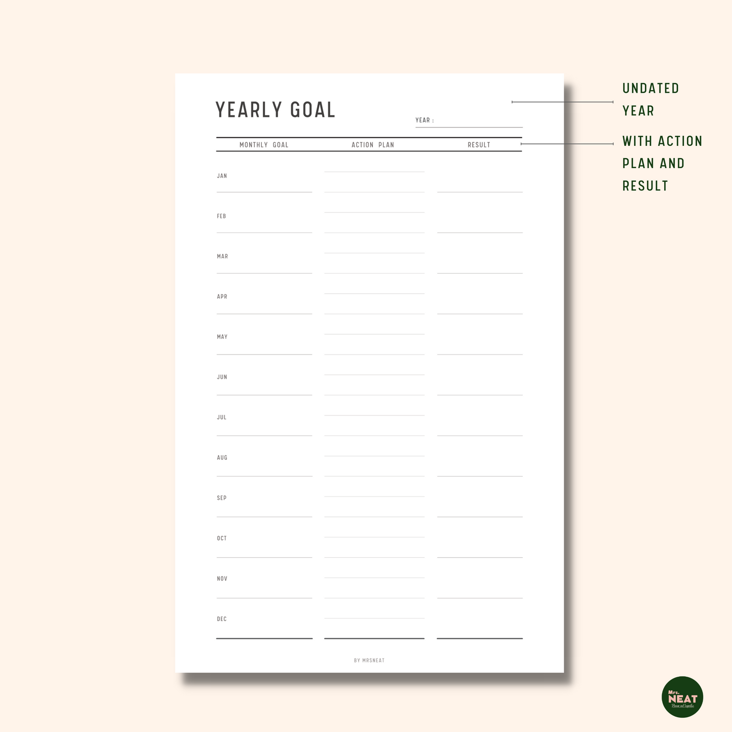 Minimalist and Clean Yearly Goal Planner with room for action plan and results for 12 months
