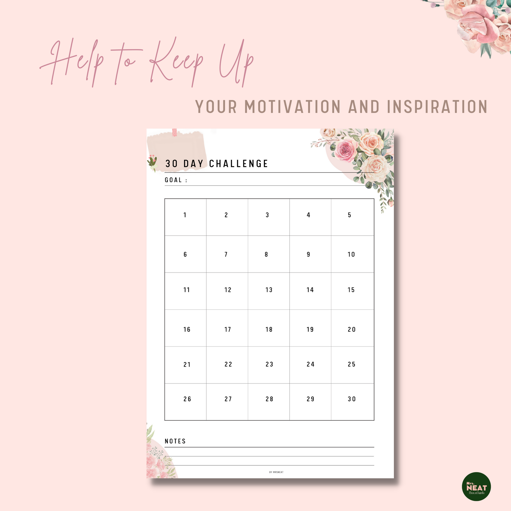Pink Floral 30 Challenge Tracker Planner with column for 30 days, room for goal and notes