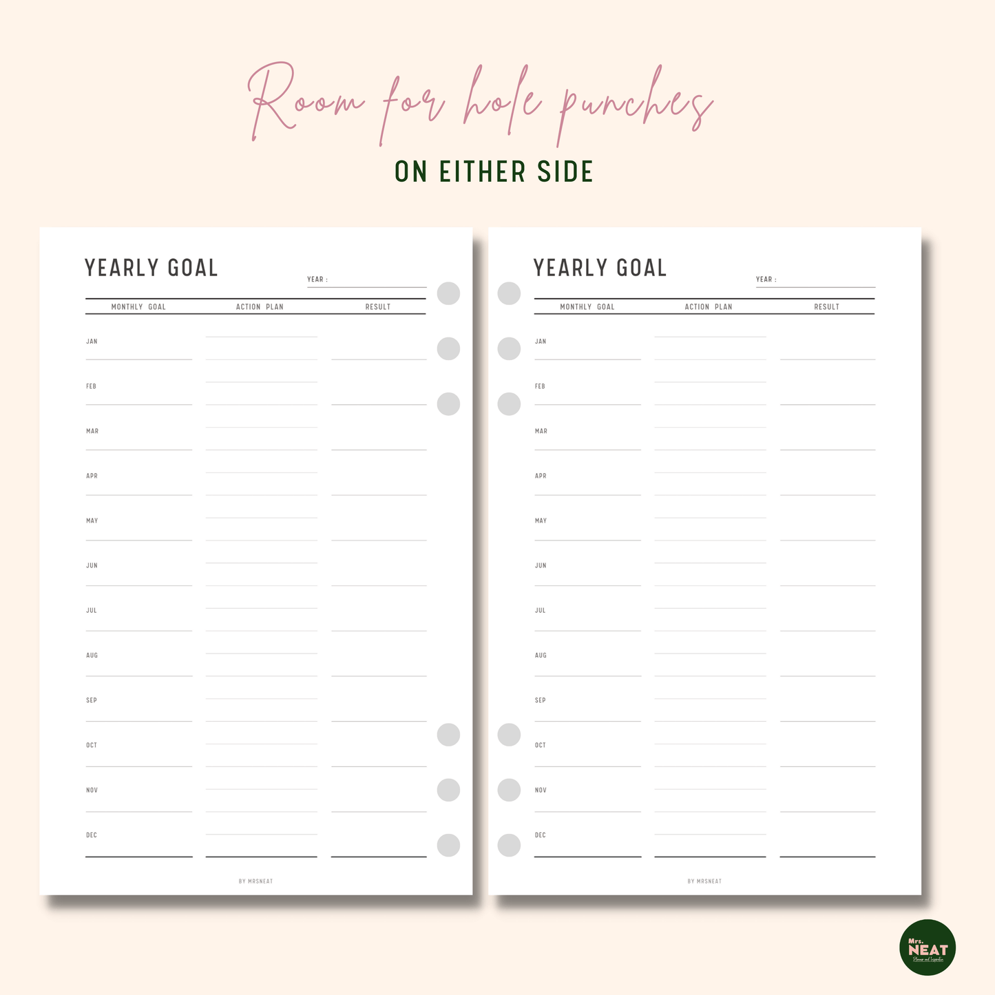 Minimalist Yearly Goal Planner with room for hole punches on either side