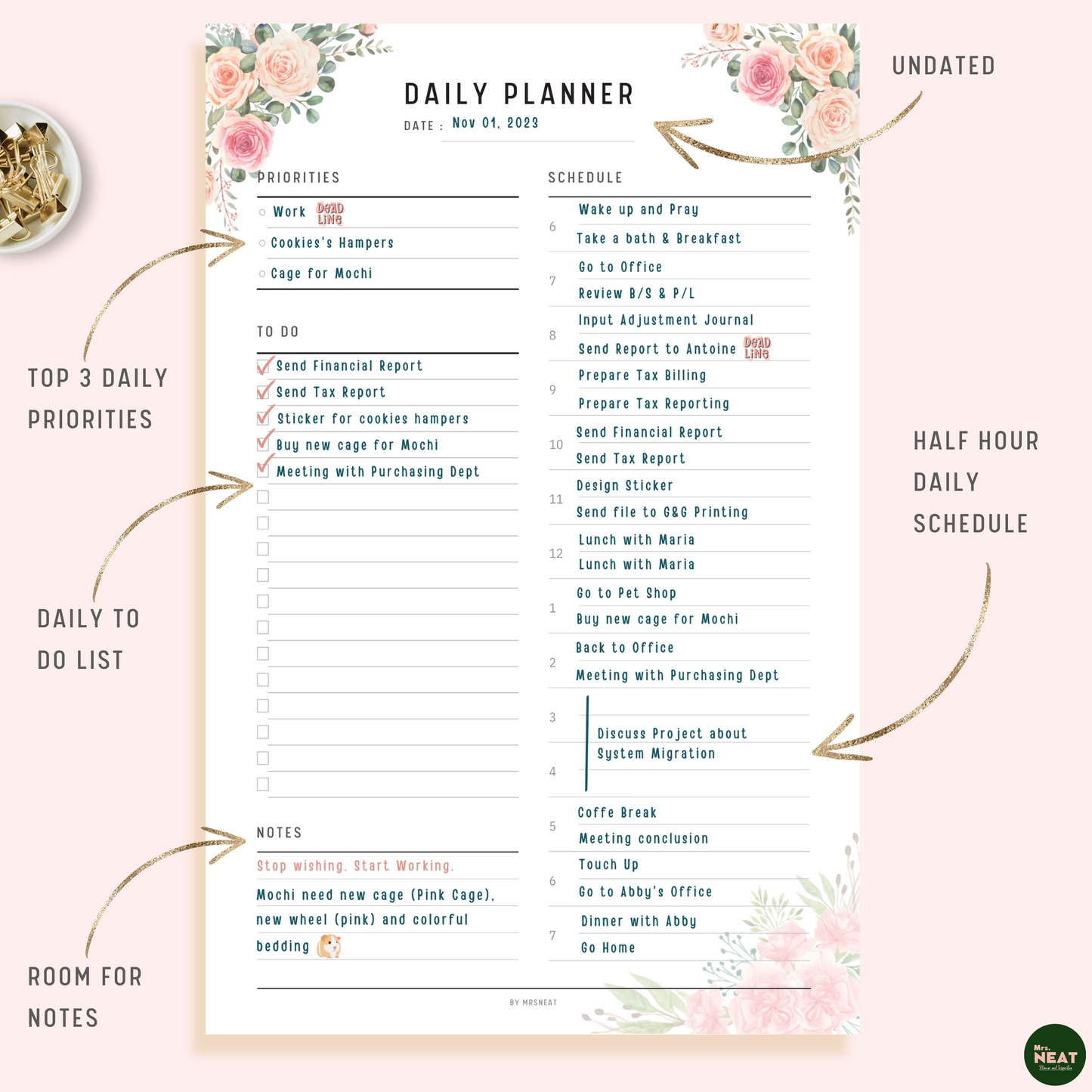Floral Daily Planner with room for Daily Priorities, Half Hour Schedule, To Do and Notes