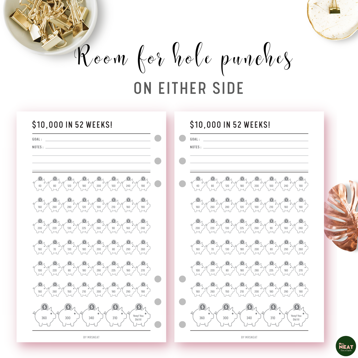 10000 Money Saving Challenge in 52 Weeks Printable Planner with room for hole punches on either side