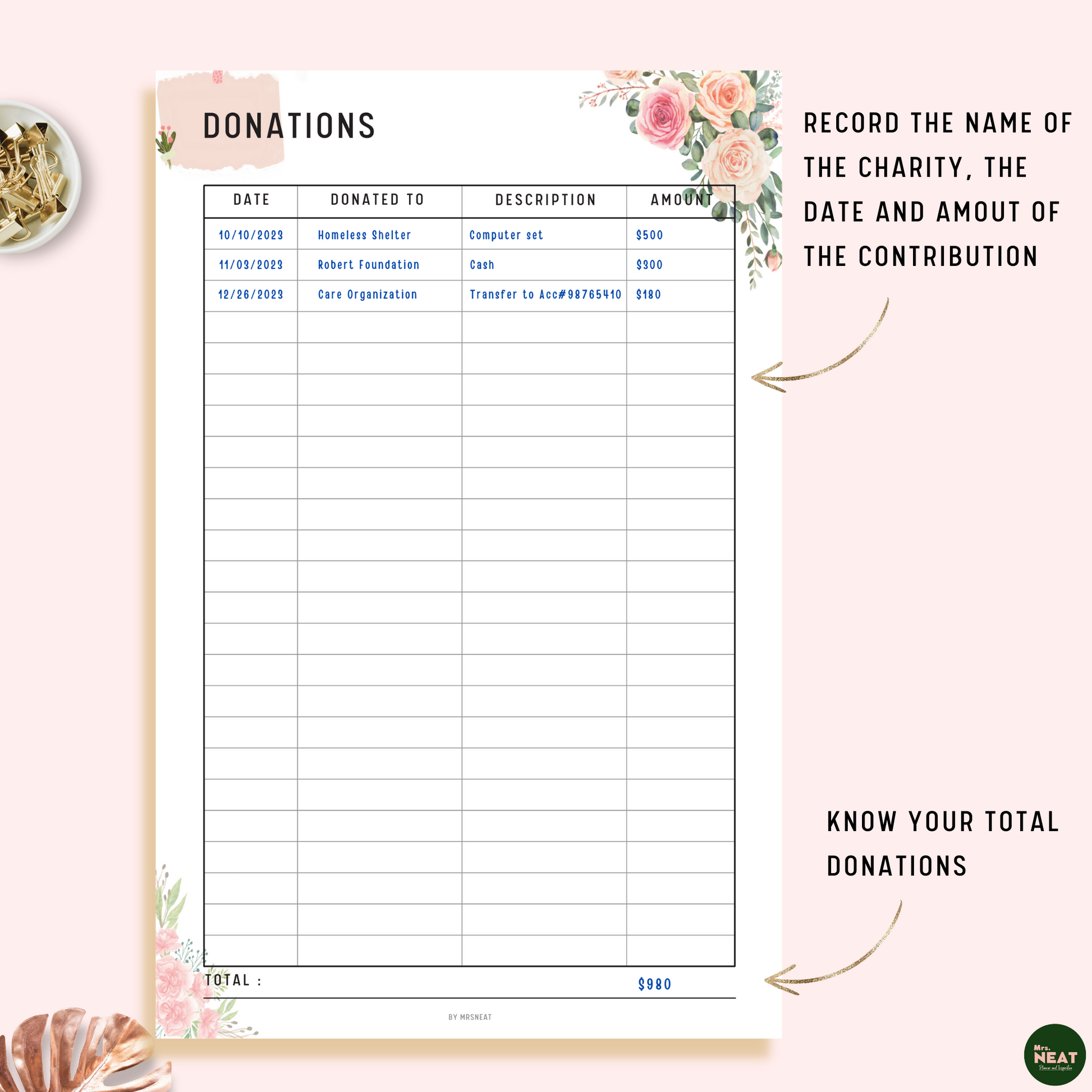 Floral Donation Tracker Planner with room to record detail of charity and total of all donations