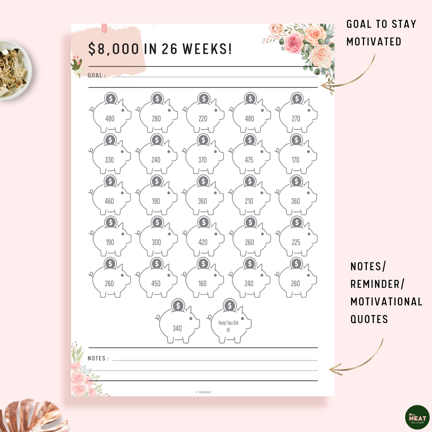 Cute Floral $8000 Money Saving Challenge in 26 Weeks Planner with room for Goal and Notes