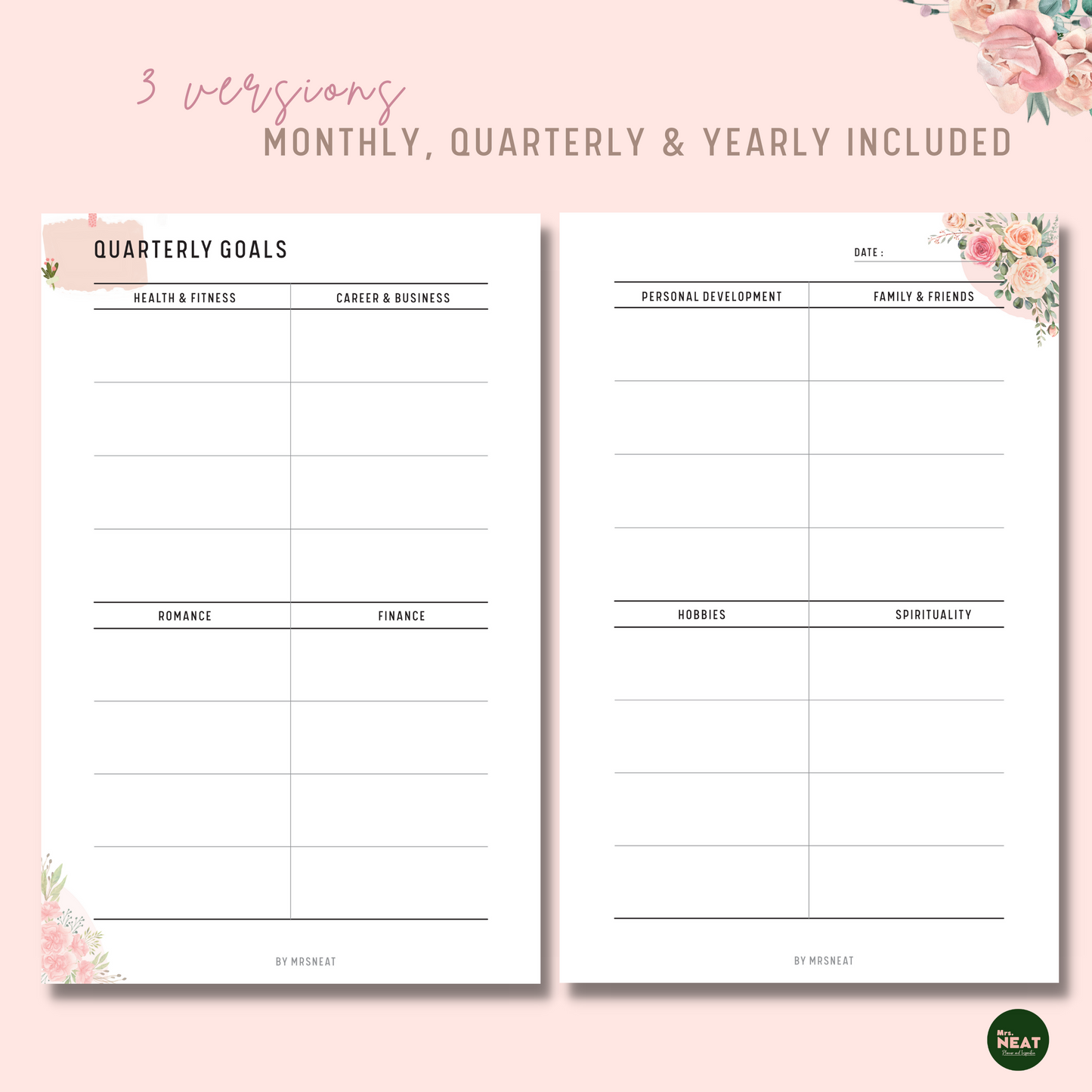 Cute Pink Floral 8 Areas of life goal planner for Quarterly Goals