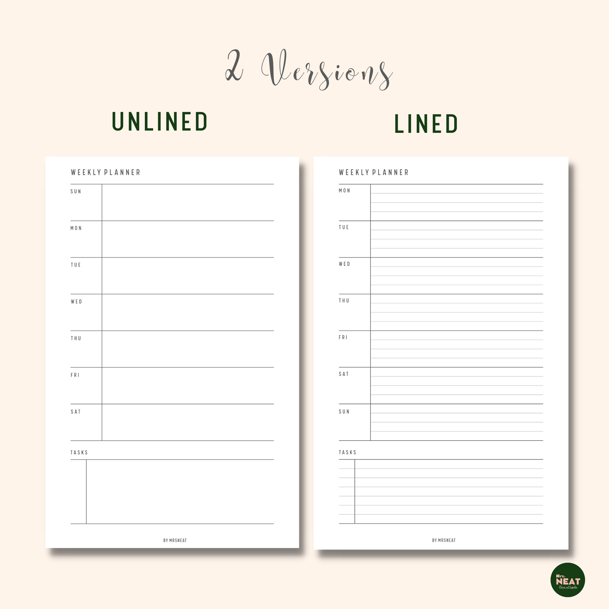 2 Pages Weekly Planner Printable with Lined and Unlined