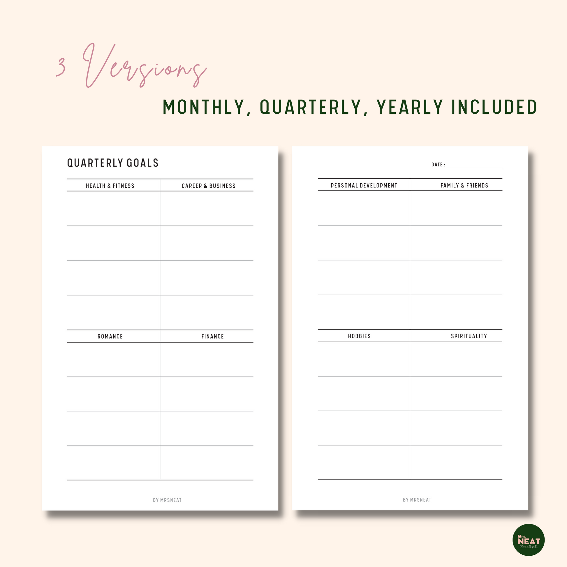 Clean 8 Areas of Life Goal Planner for Quarterly Goals in 2 Pages