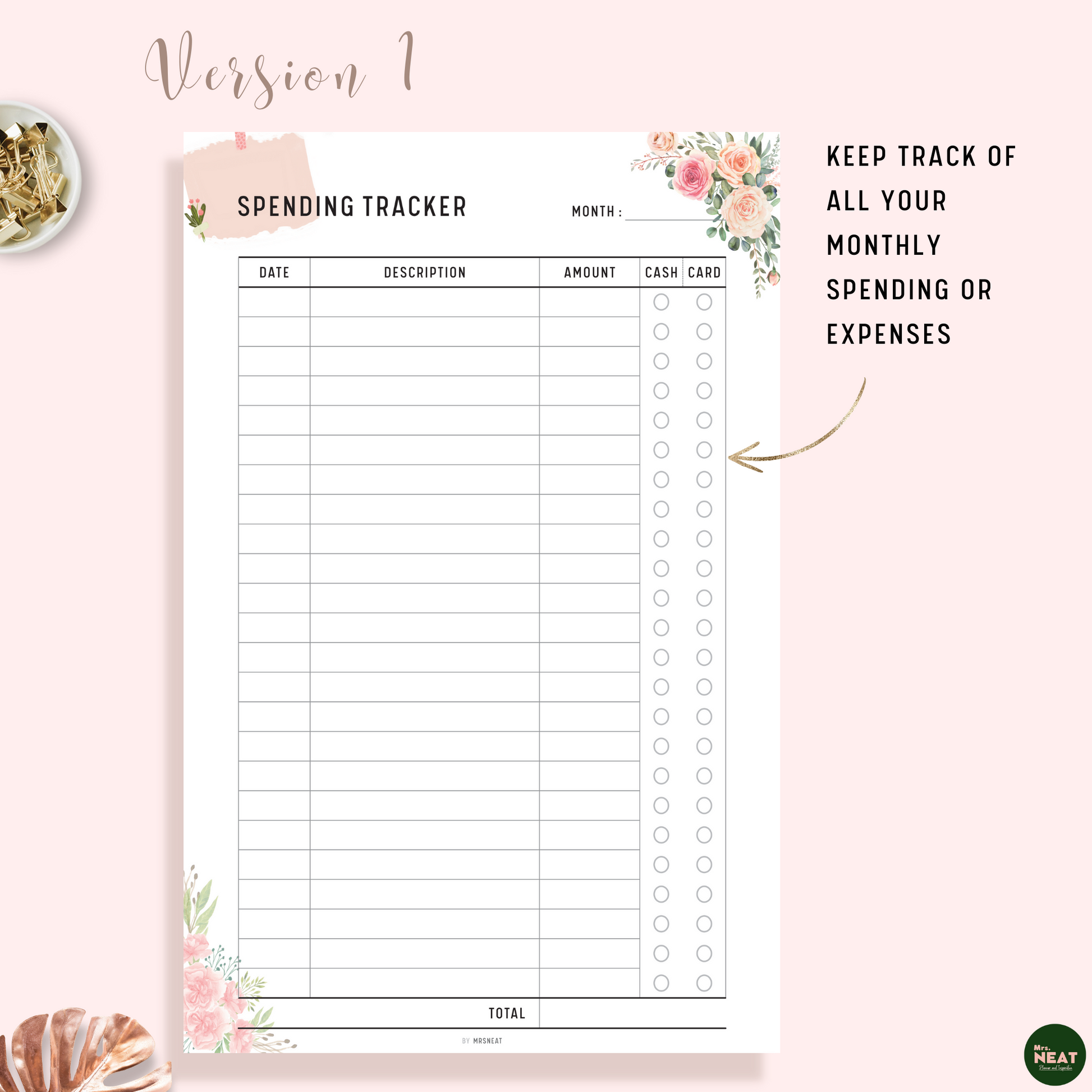 Floral Spending Tracker Planner with room for date, description, amount and 2 payment options