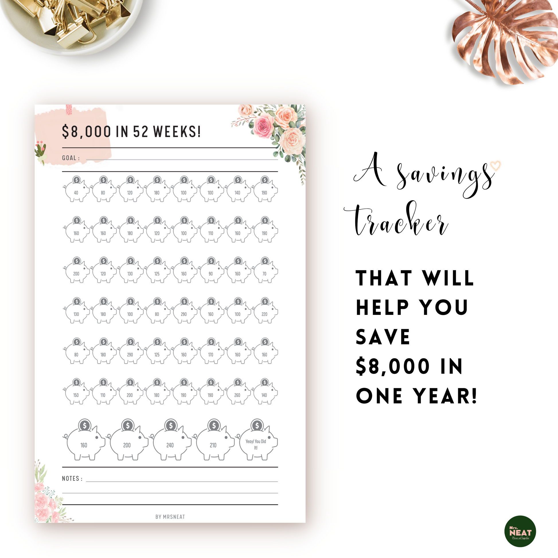 52 Piggy Bank on Pink Floral Money Saving Challenge Planner to save $8000 in one year