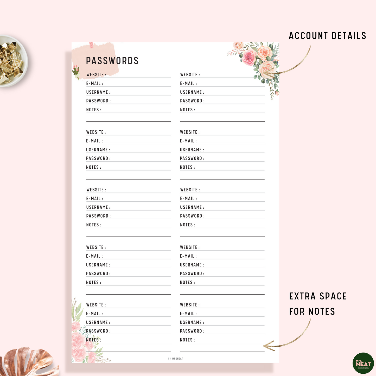 Floral Password Tracker Planner with room for Account Details and Extra Space for Notes