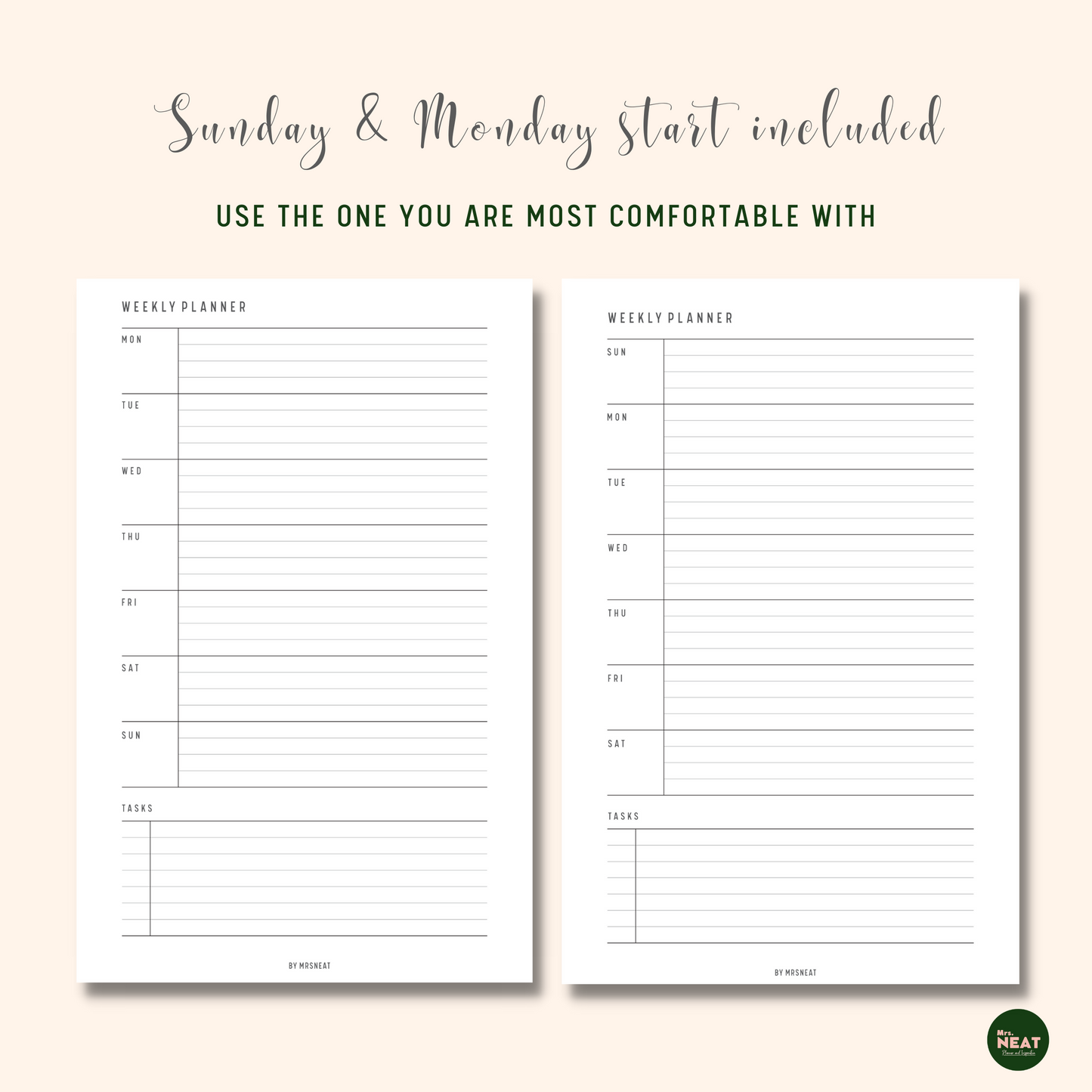 Minimalist Weekly Planner Printable with Sunday Start and Monday Start