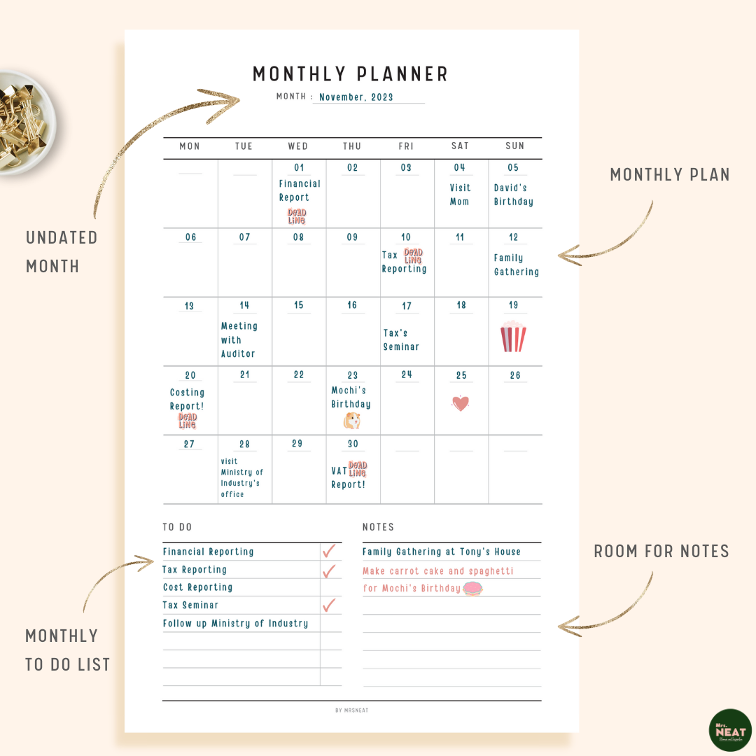 Minimalist Monthly Planner with Monday Start and room for To Do List and Notes