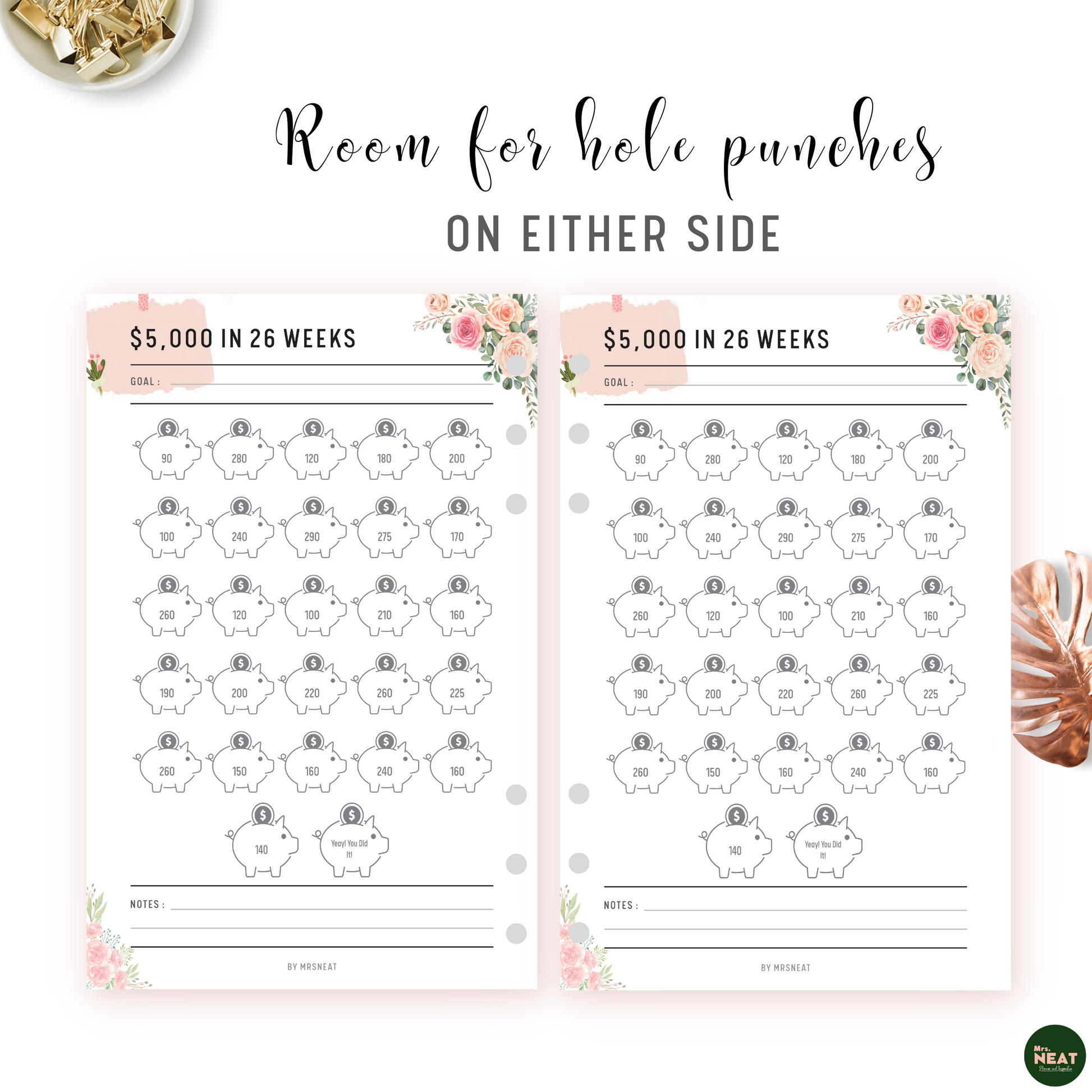Floral $5000 Money Saving Challenge in 26 Weeks Planner with room for hole punches on either side