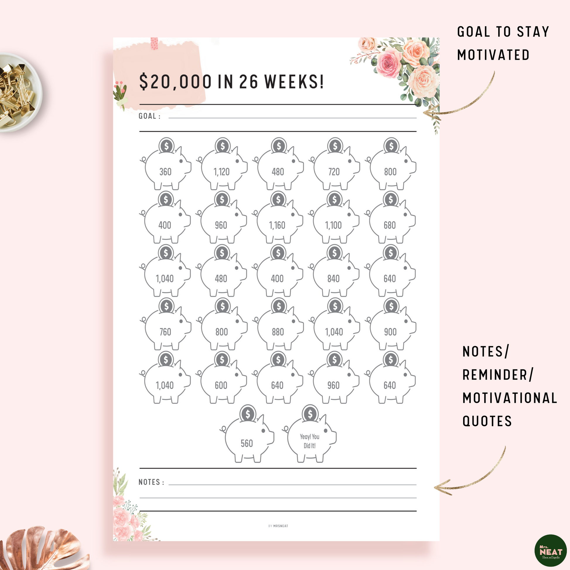 Floral Beautiful piggy bank $20,000 Savings Challenge in 26 Weeks Planner with room for goal to stay motivated