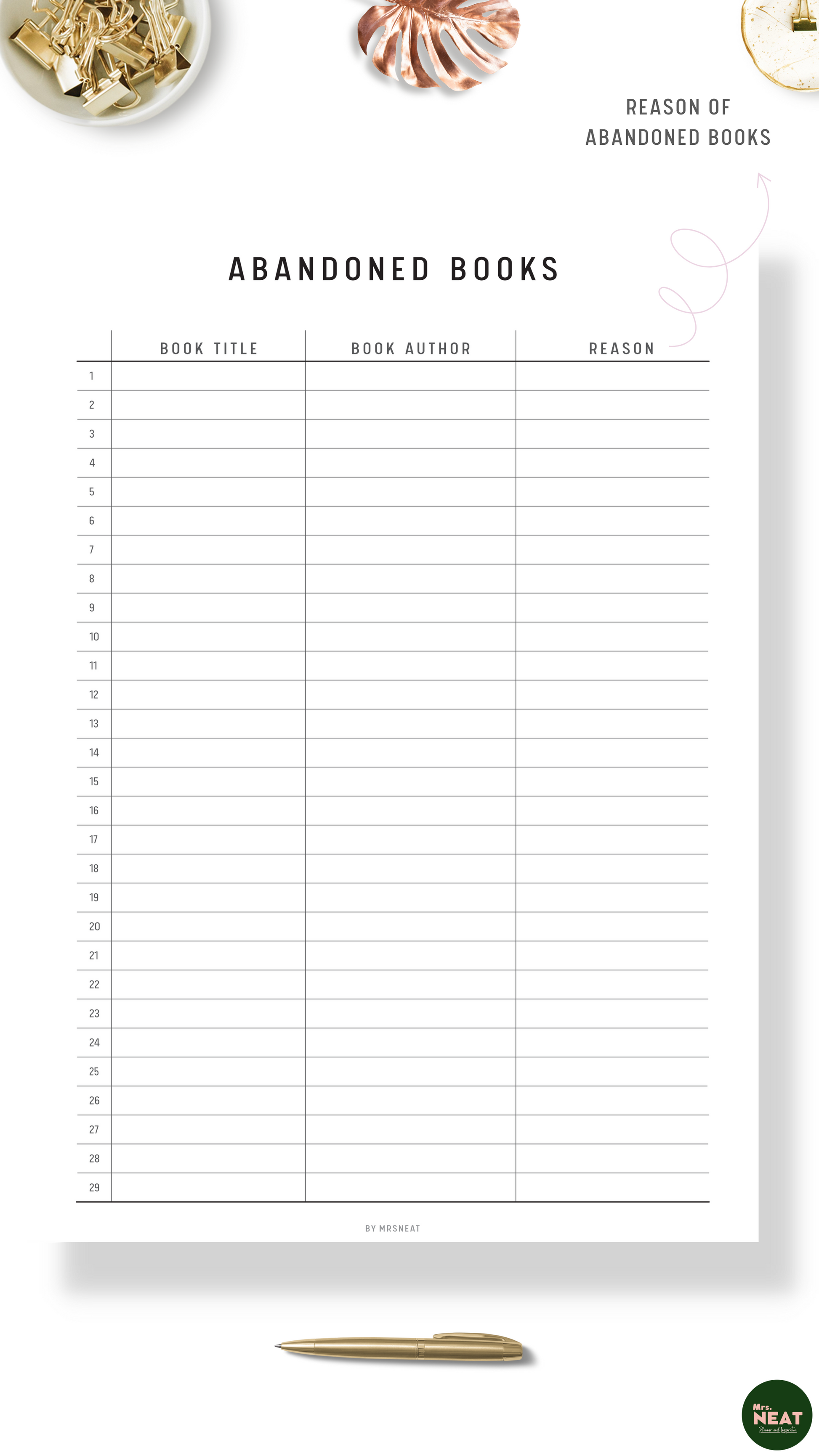 Clean and Minimalist Abandoned Books Planner with room for Book Title, Book Author and Reason 