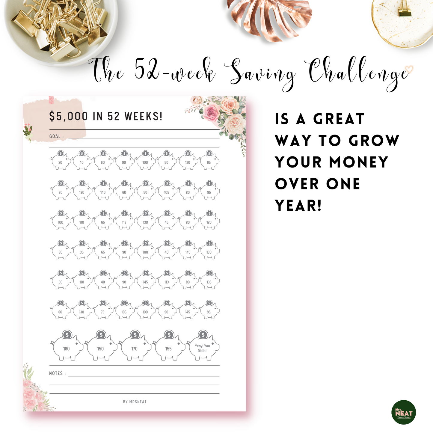 Cute Pink Floral $5000 Saving Money Challenge Planner with 52 Piggy Bank for each week