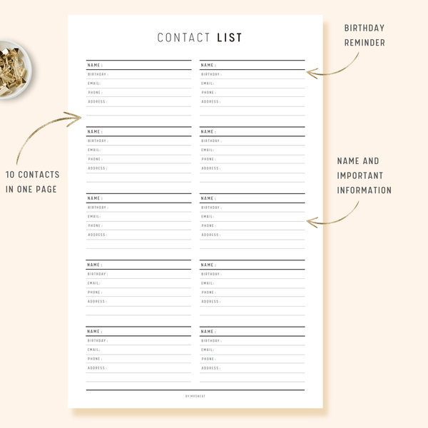 Contact List Printable PDF | Planner Inserts | mrsneat