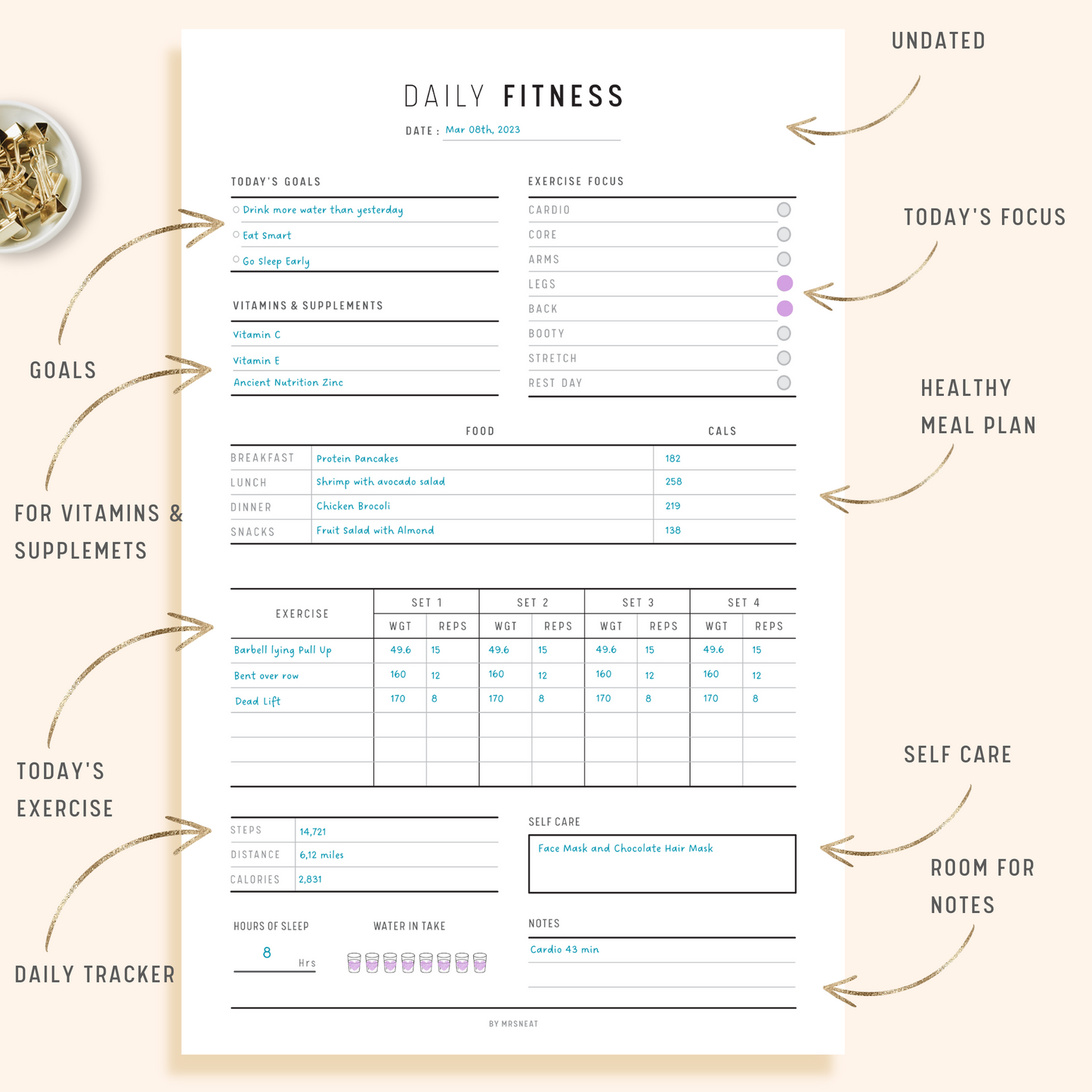 Daily Fitness Planner with Fitness Goals, Vitamin Tracker, Meal Plan and Self care