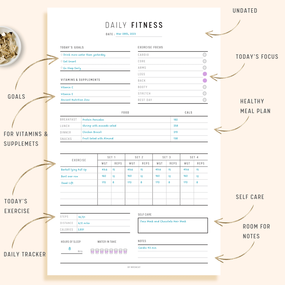 Daily Fitness and Health Planner Printable - M142 – mrsneat