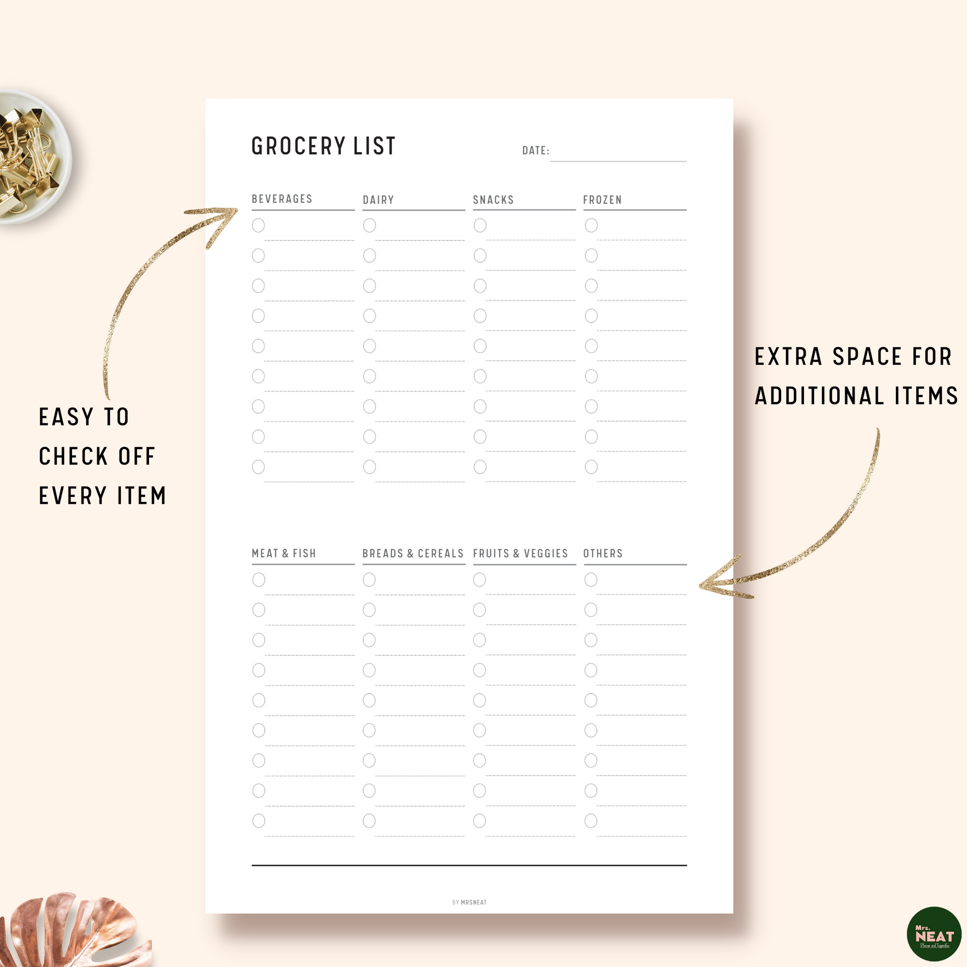 Minimalist Grocery List Planner with 8 shopping categories and checklist box for each category