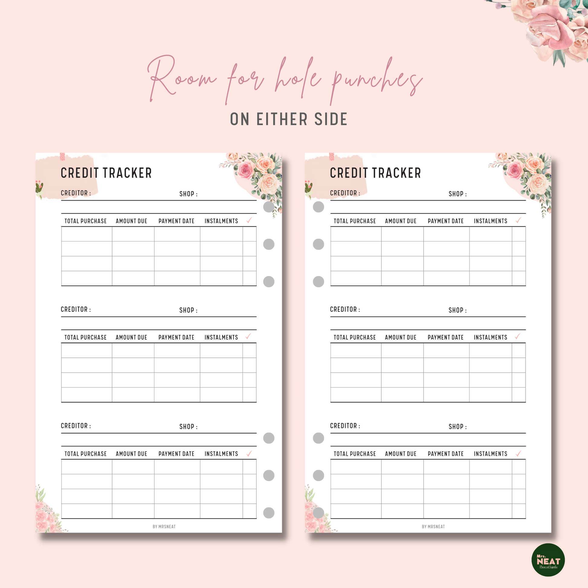 Cute and Minimalist Pink Floral Credit Tracker Planner with room for hole punches on either side