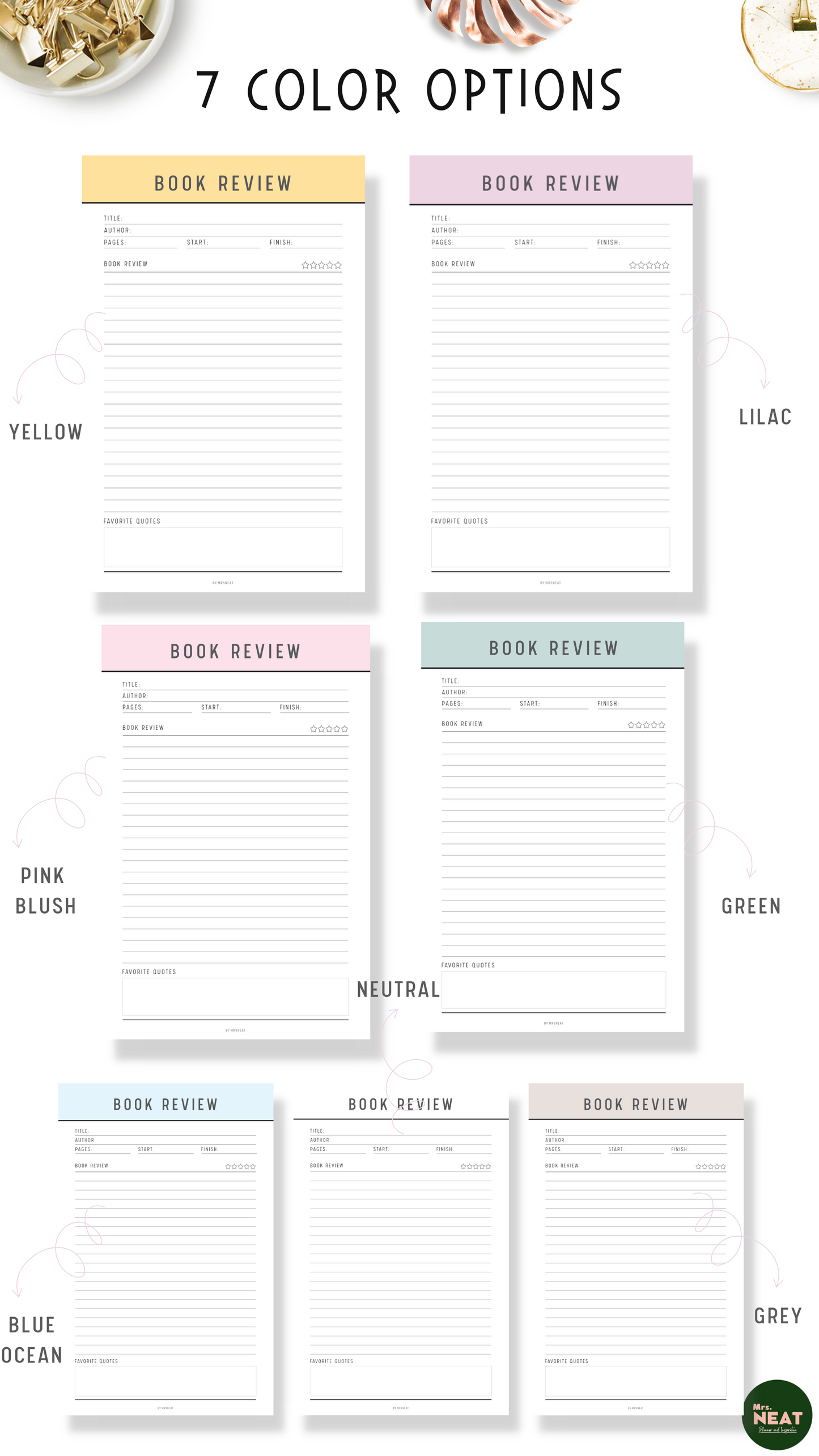 Beautiful and Clean Book Review Planner in Yellow, Purple, Pink, Green, Blue, Grey and Neutral color