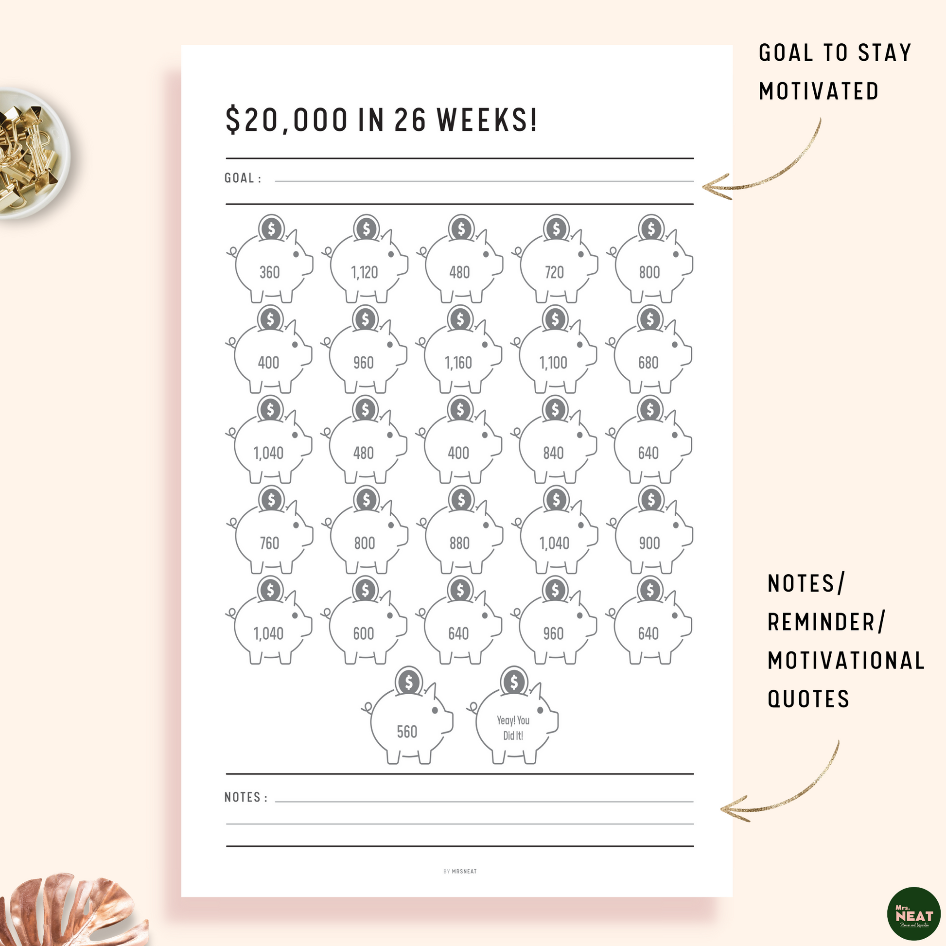 $20,000 Savings Challenge in 26 Weeks Printable Planner with room for notes, reminder and motivational quotes