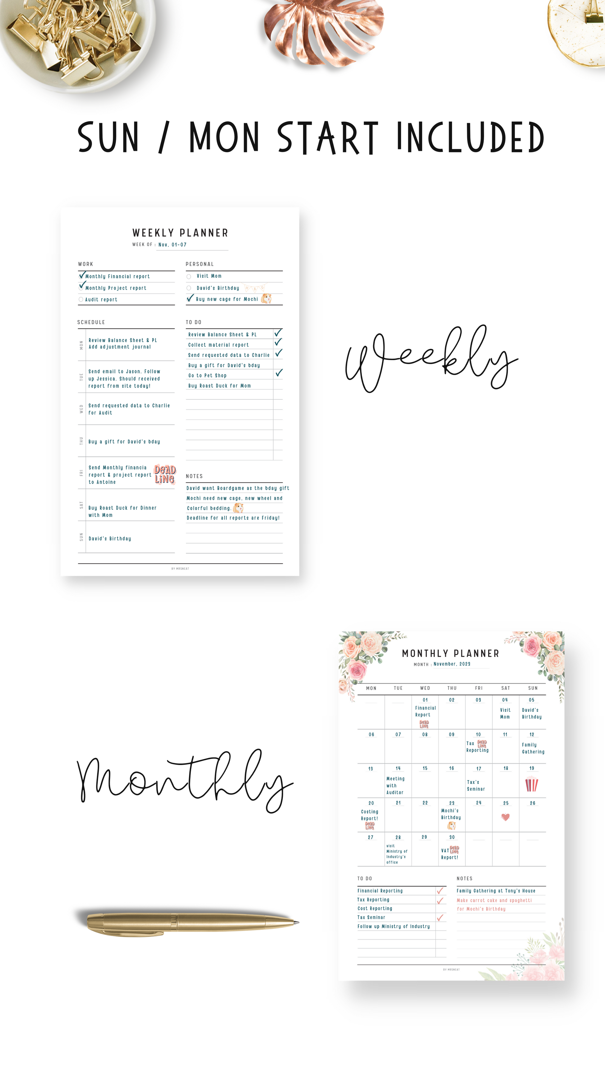 Minimalist and Clean Weekly Planner and Cute Pink Floral Monthly Planner