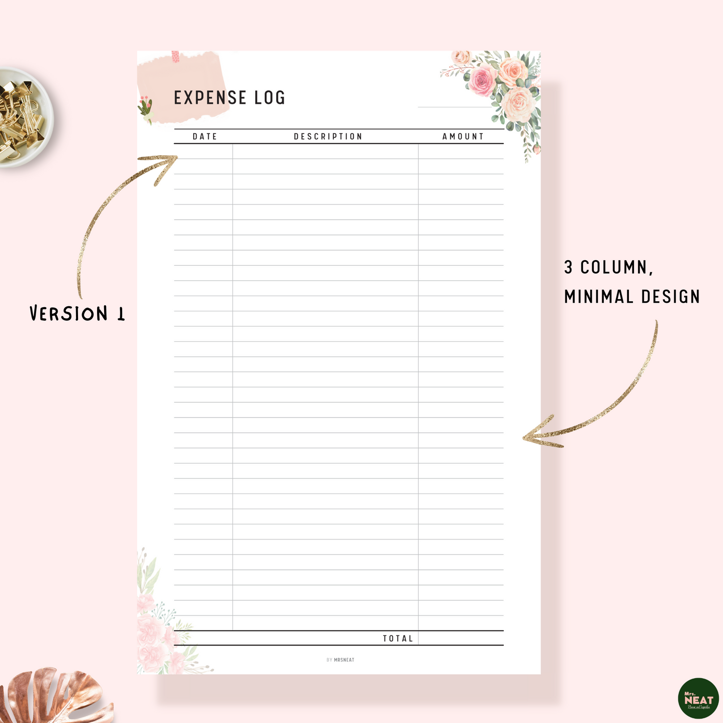 Floral Expense Log Tracker Planner Printable with room for Date, Description and Amount 