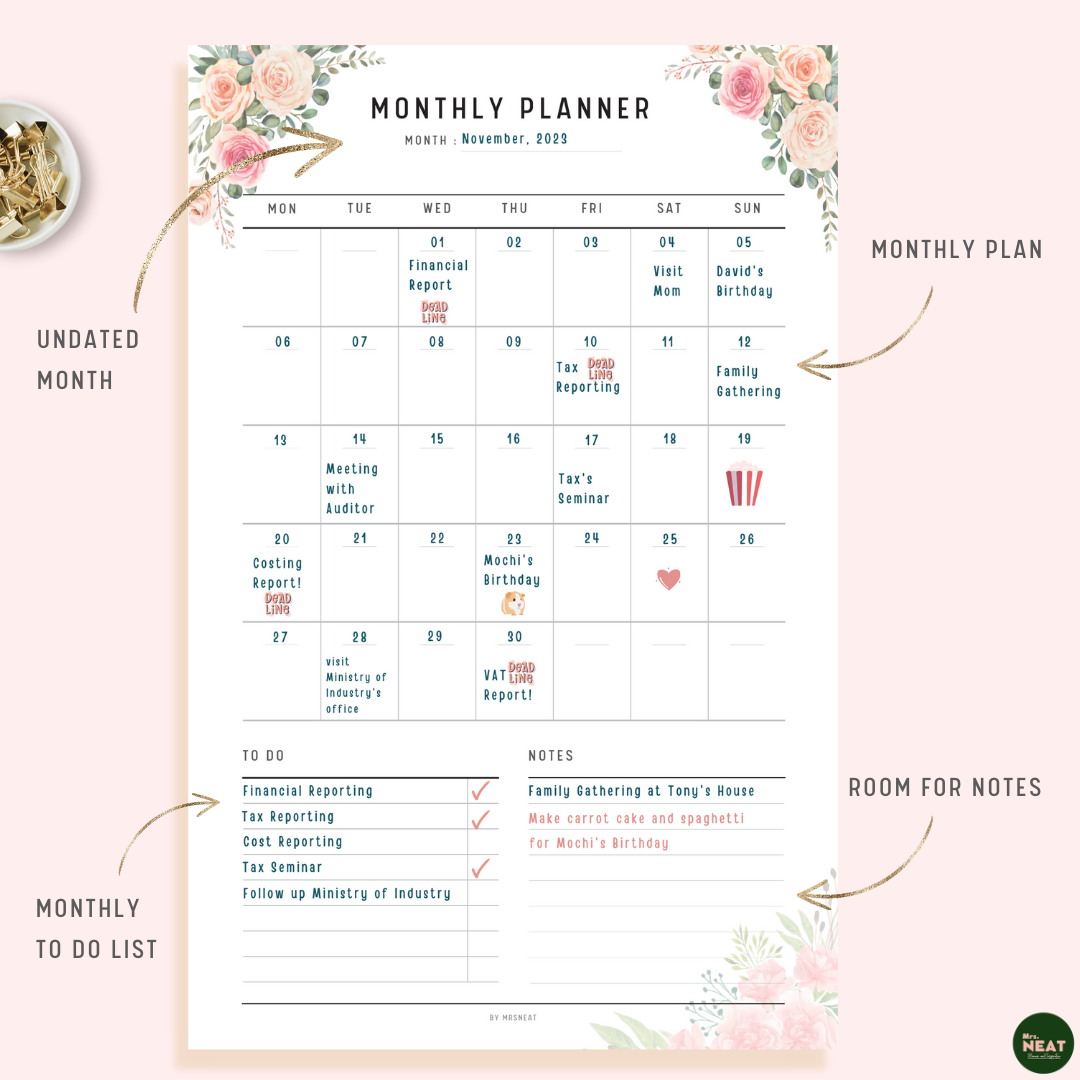 Beautiful Pink Floral Monthly Planner with 35 box for each day and room for To Do and Notes