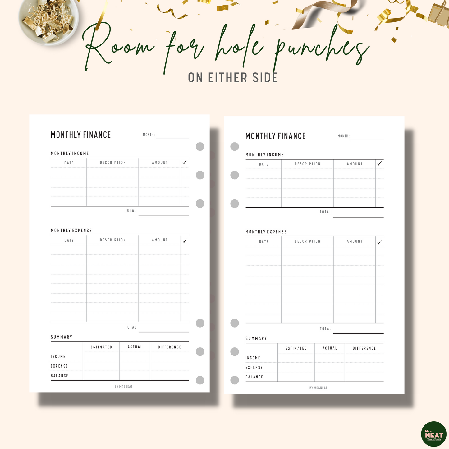 Minimalist Monthly Finance with room for hole punches on either side
