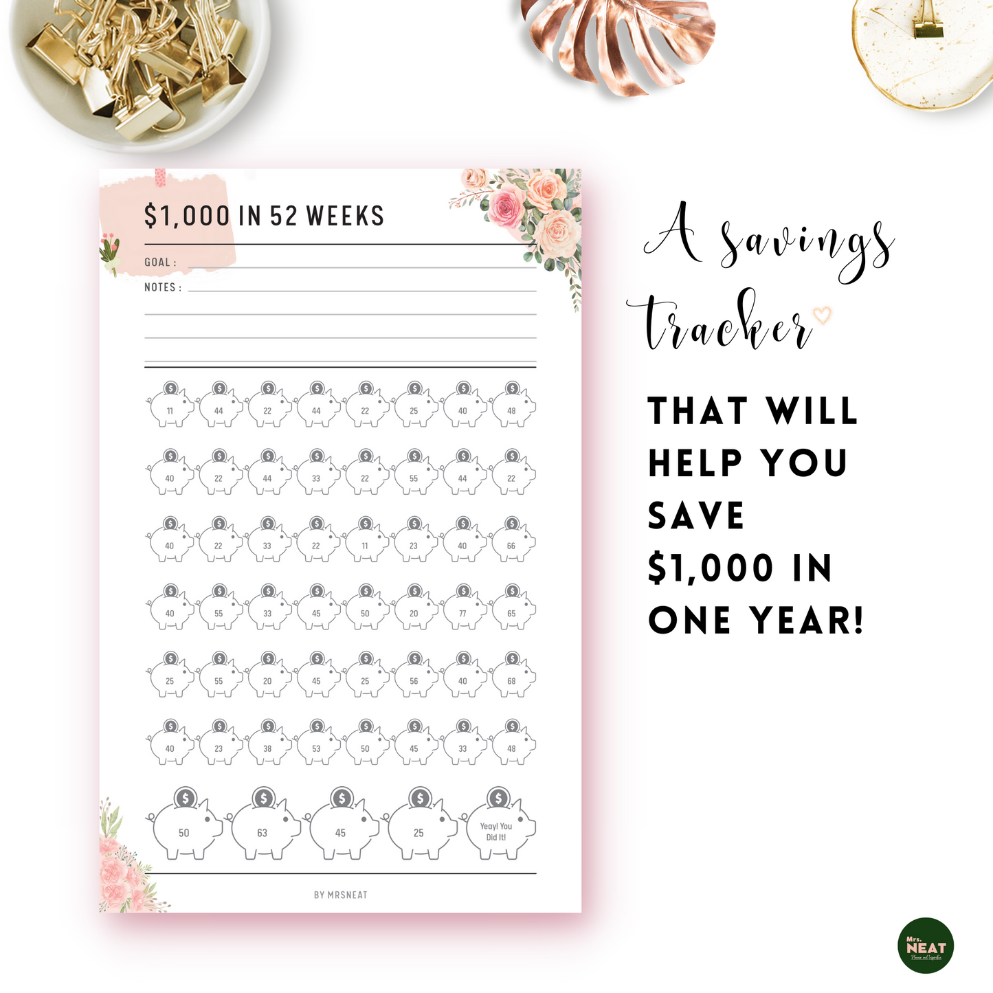 Floral 1000 Money Saving Challenge in 52 Weeks