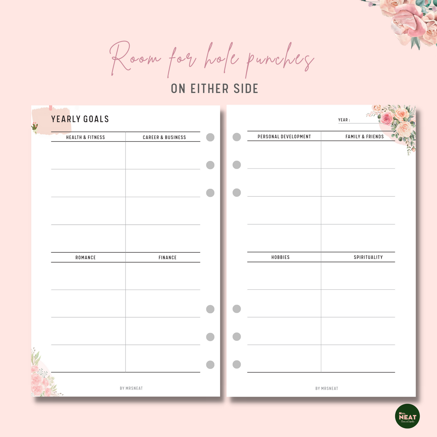 Beautiful Floral 8 Areas of life goal planner for Yearly Goals with room for hole punches